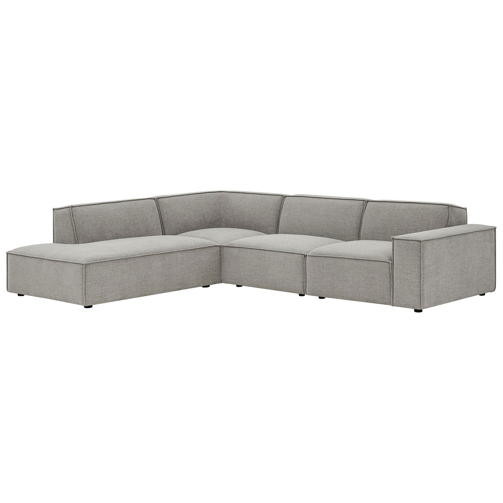 Low-profile modular sofa sectional in pewter fabric featuring generous chaise lounge and deep seats || EEI-7431-PEW || front_angle_studio