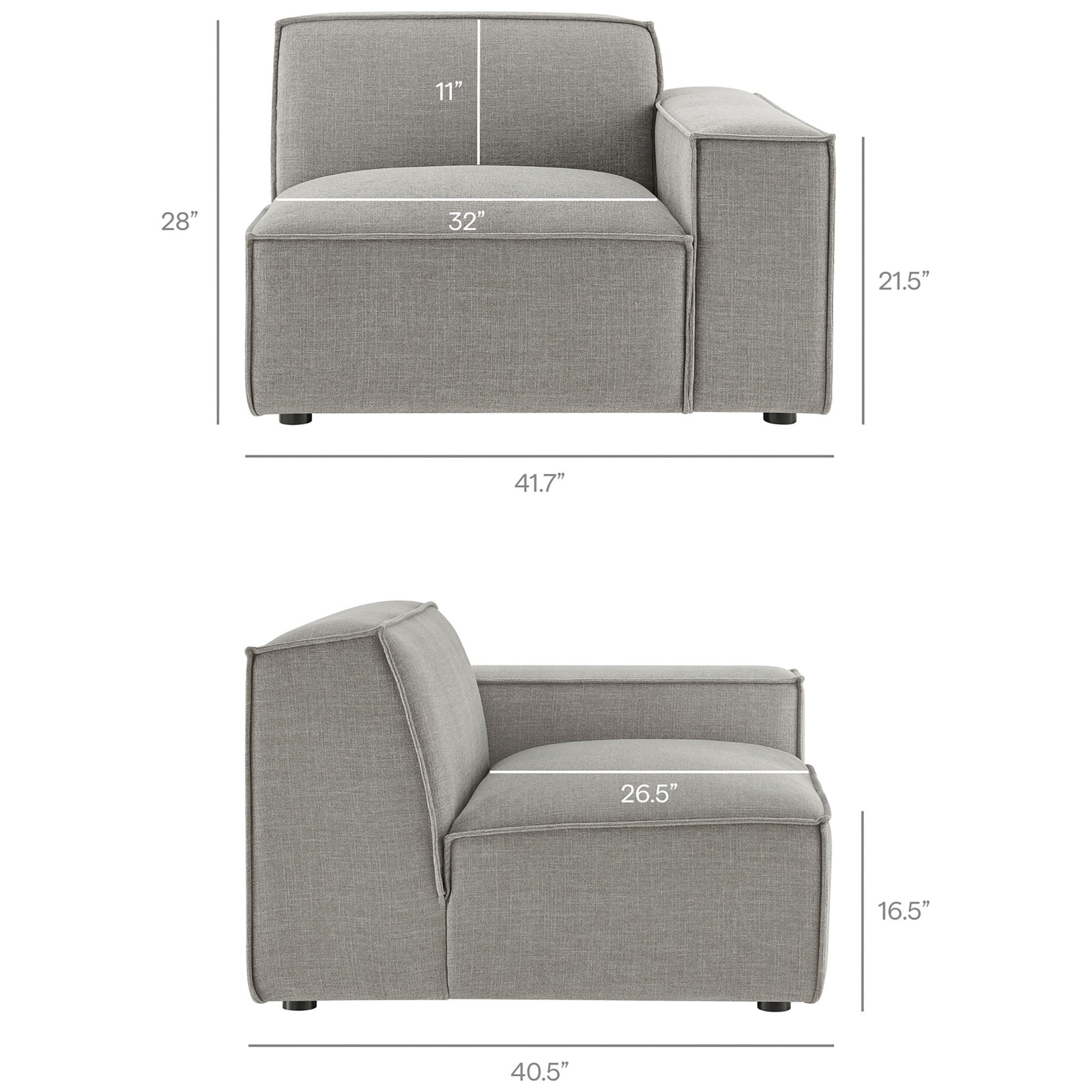 Armchair end unit with cushioned seat and armrest annotated with detailed width and depth measurements || EEI-7431-PEW || dimension_studio