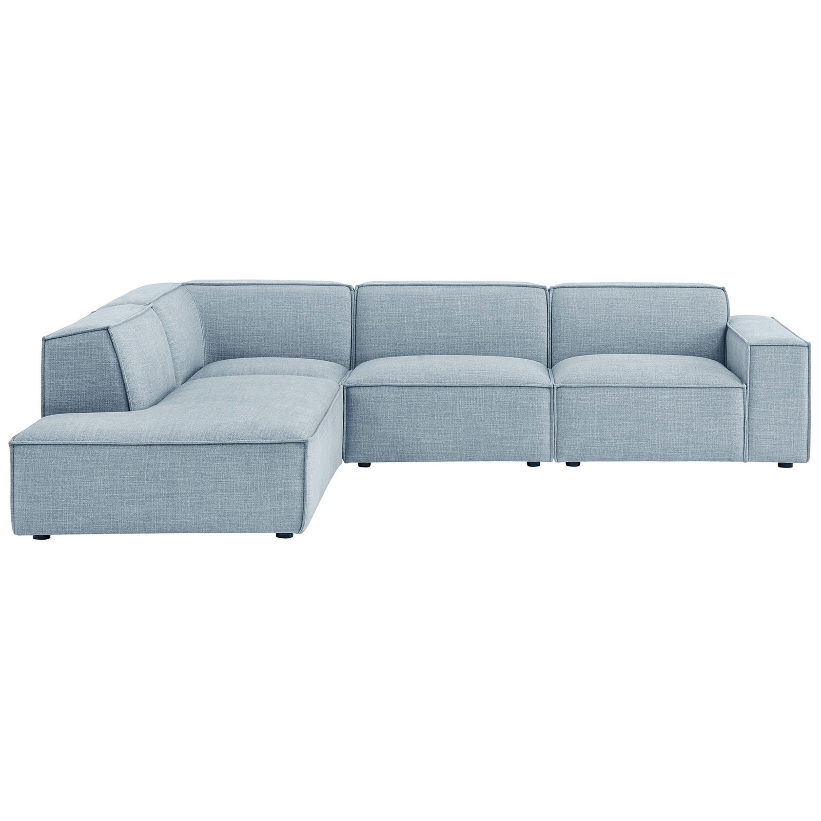 Sky blue modular L-shaped sectional sofa with left-facing chaise and broad track arms || EEI-7431-SKY || front_studio