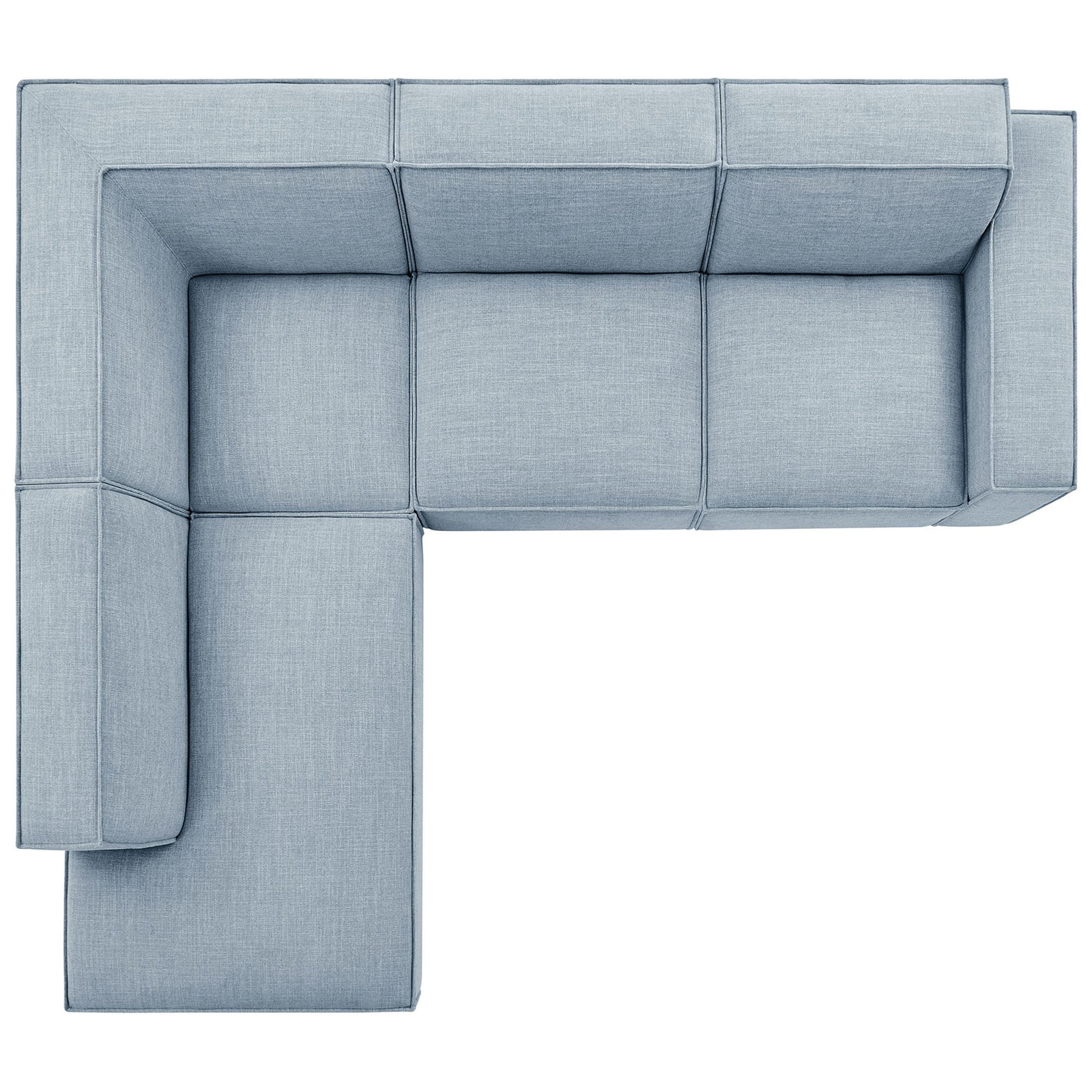 Sky blue L-shaped modular sofa layout showing generous seating and deep lounge chaise || EEI-7431-SKY || top_studio