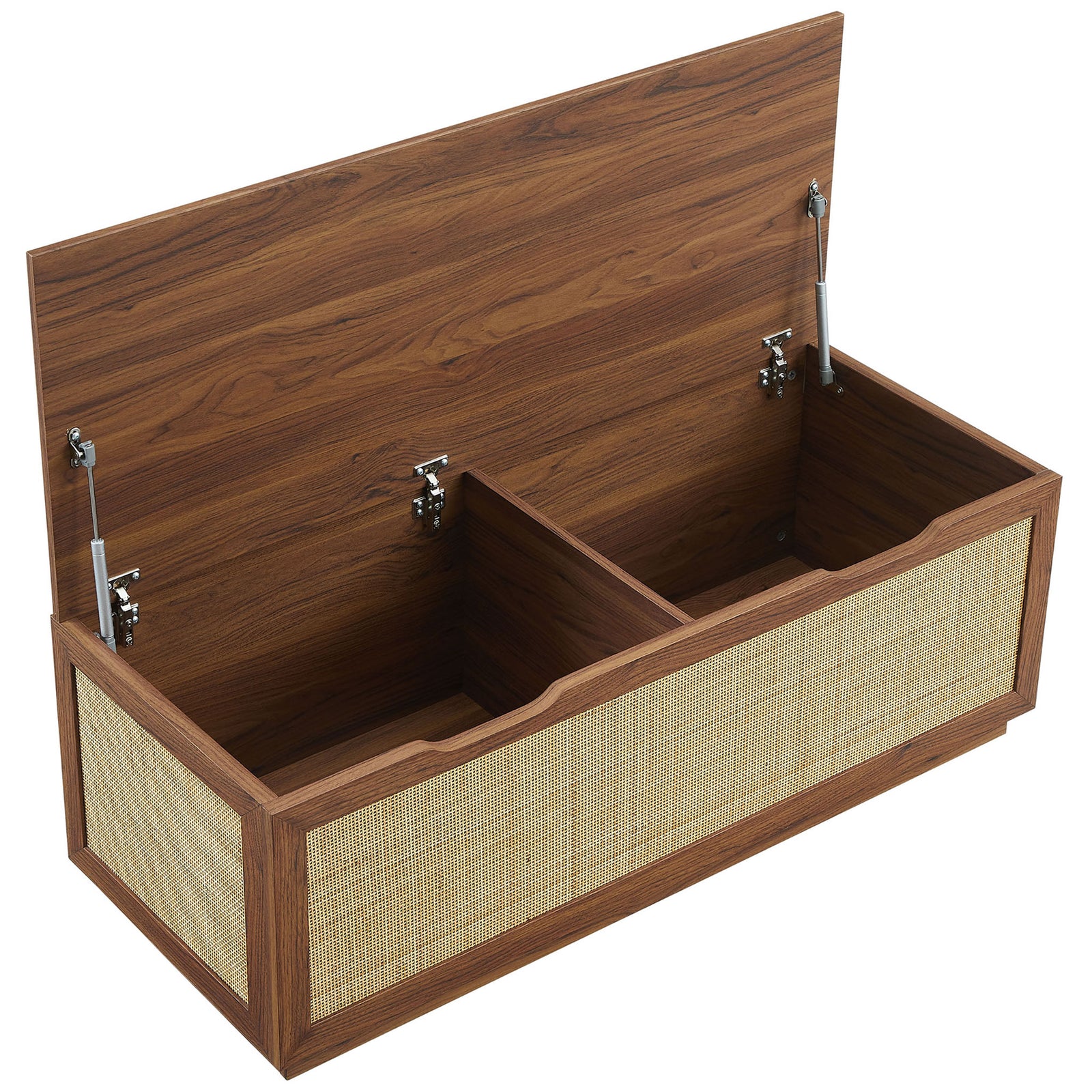 Flip-top lid opens to reveal two spacious compartments with soft-close hinges || EEI-7434-WAL || front_angle_open_studio