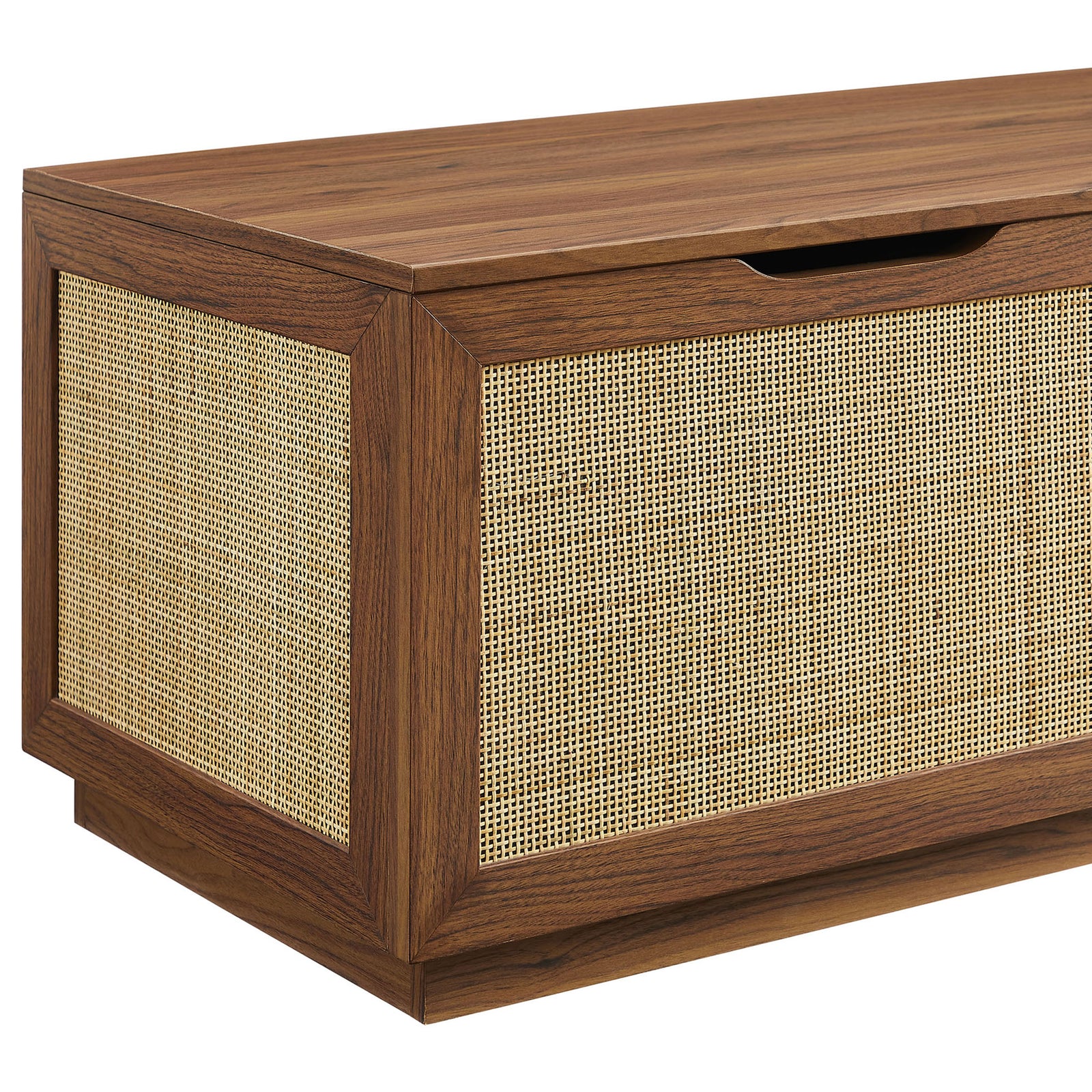Cane-style rattan weave and walnut frame with smoothly sculpted handle || EEI-7434-WAL || detail_studio