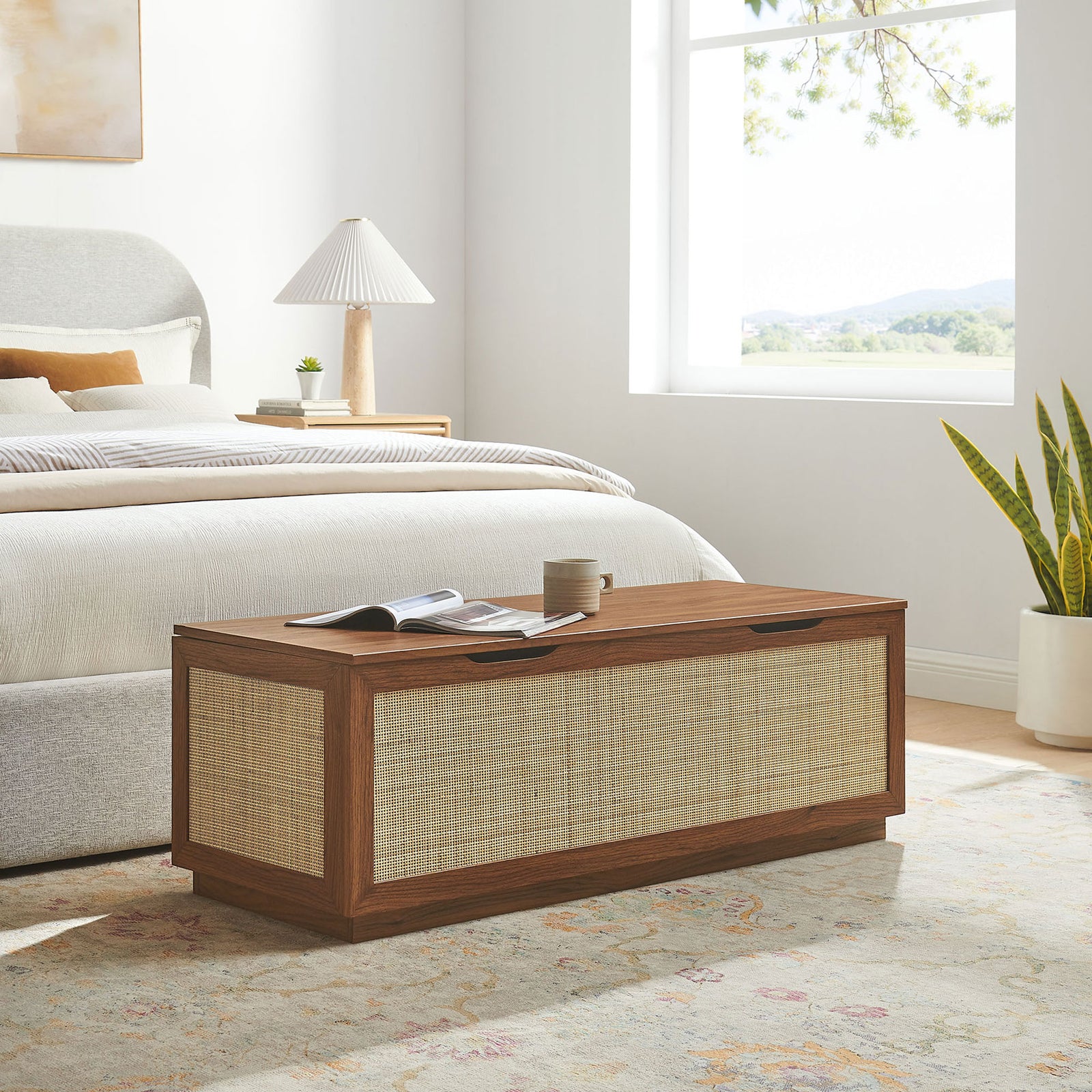 Bedroom-ready Soma storage bench in walnut with faux rattan texture || EEI-7434-WAL || front_angle_room