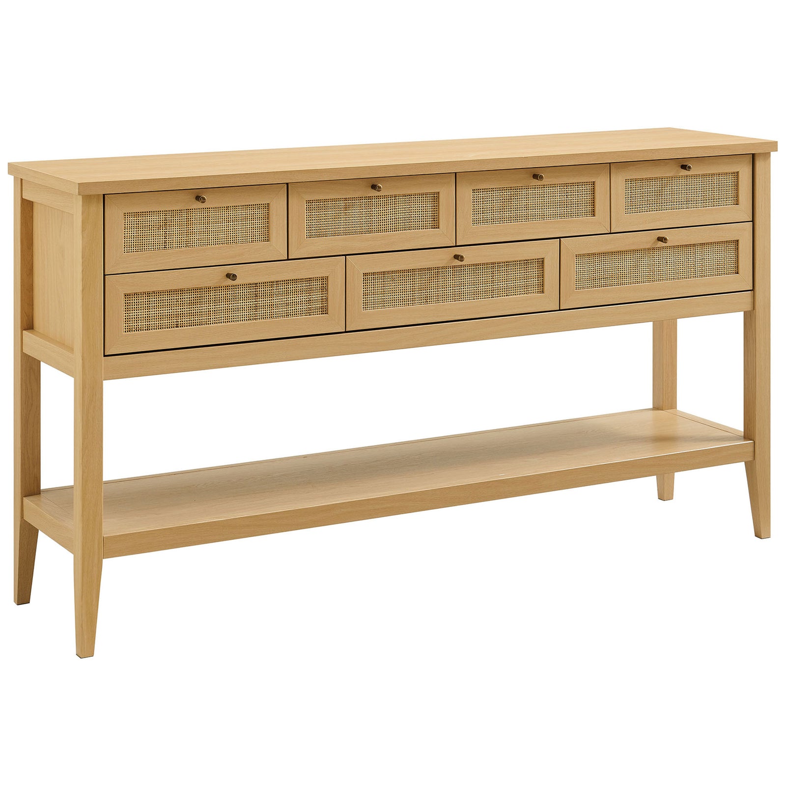 Slim 62 inch console showcases woven rattan drawer fronts and tapered legs in oak || EEI-7435-OAK || front_angle_studio