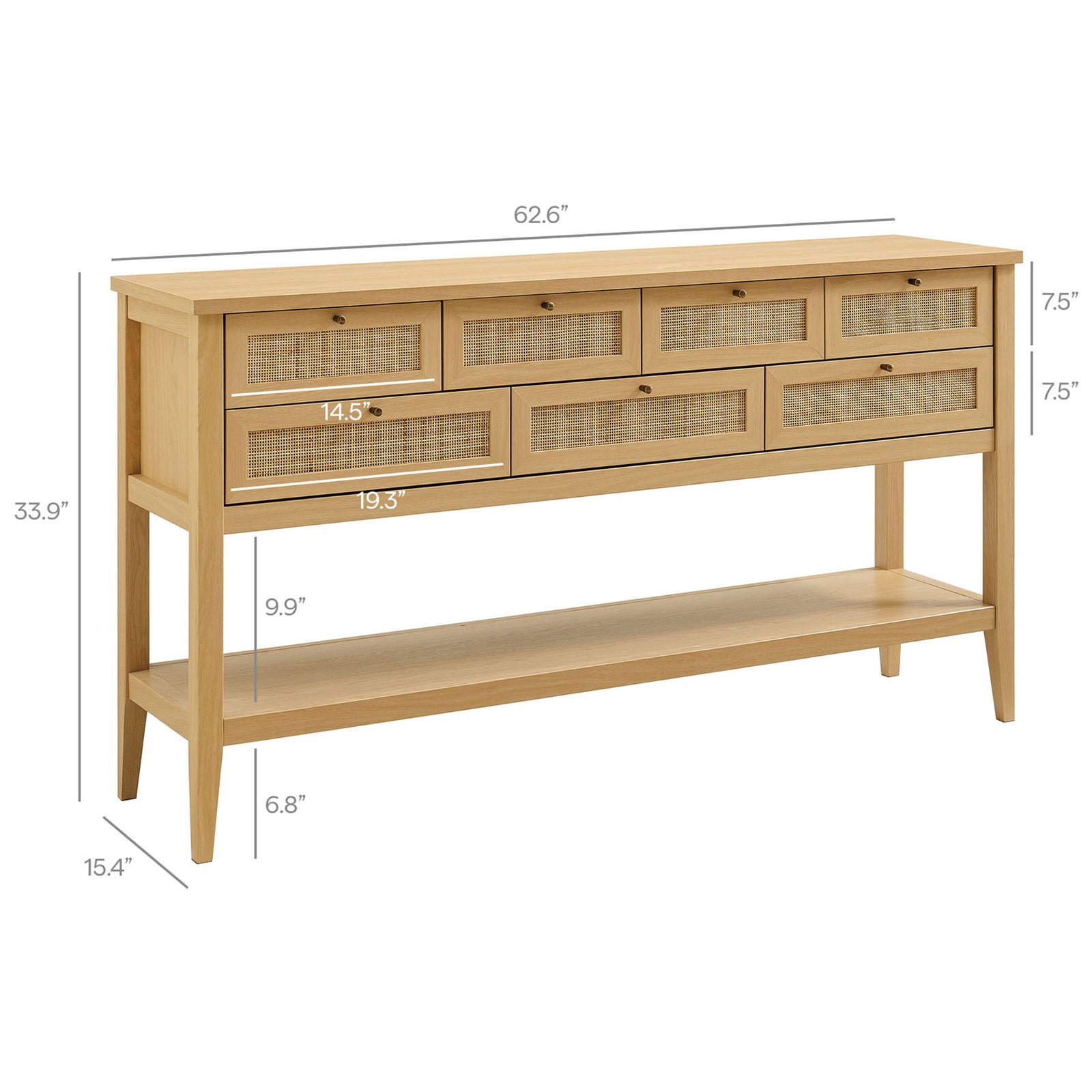 Sized 62.6 inches wide by 15.4 inches deep with 33.9 inch height and ample shelf clearance || EEI-7435-OAK || dimension_studio