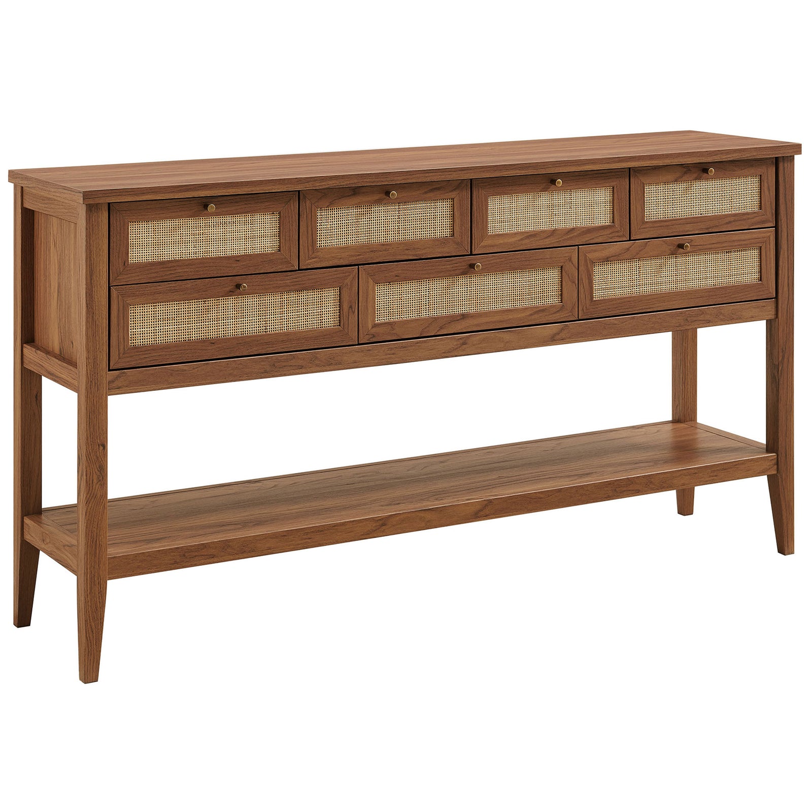 Walnut console table with seven rattan-front drawers, tapered legs, and an open shelf for airy storage || EEI-7435-WAL || front_angle_studio