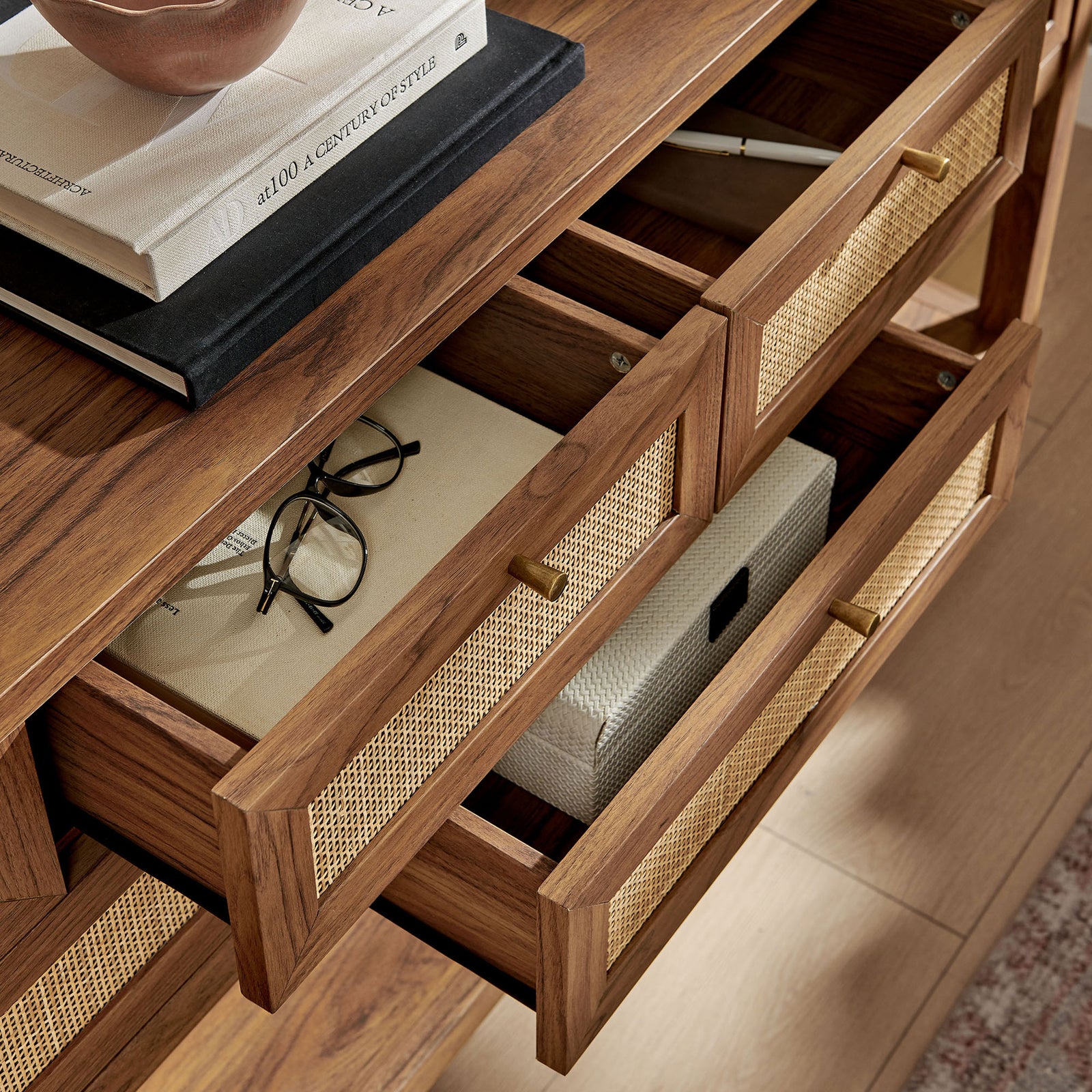 Everyday essentials tuck neatly into the rattan-front drawers while the walnut shelf displays decor || EEI-7435-WAL || storage_open_room