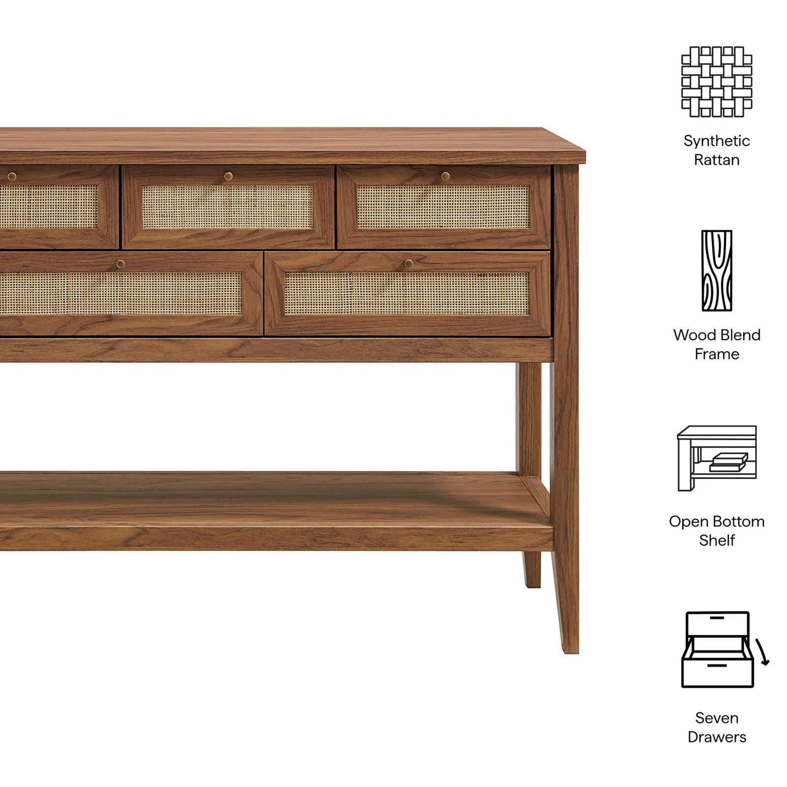 Synthetic rattan fronts and wood blend frame with seven drawers and an open shelf for display || EEI-7435-WAL || callout_studio