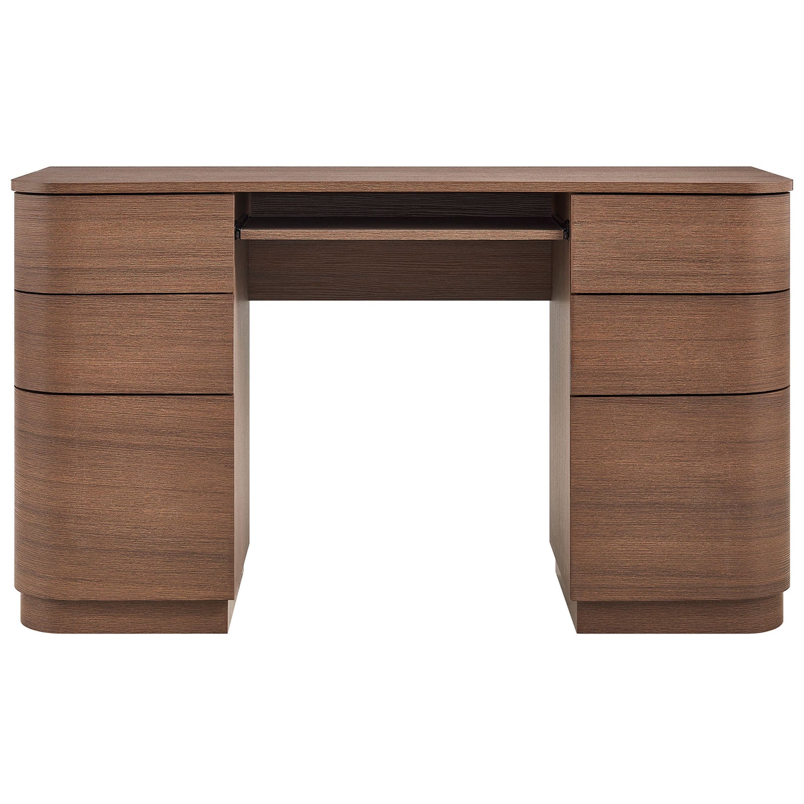 Clean front with six curved drawers and central keyboard tray for a clutter-free workspace. || EEI-7436-BBO || front_studio