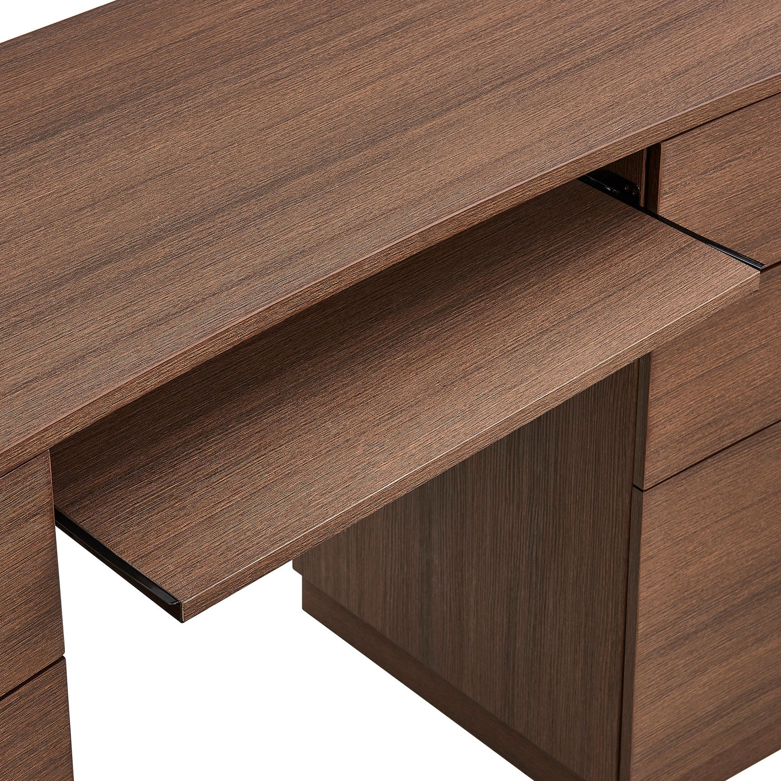 Smooth pull-out keyboard tray glides beneath the desktop for ergonomic typing and easy stowaway. || EEI-7436-BBO || storage_open_studio