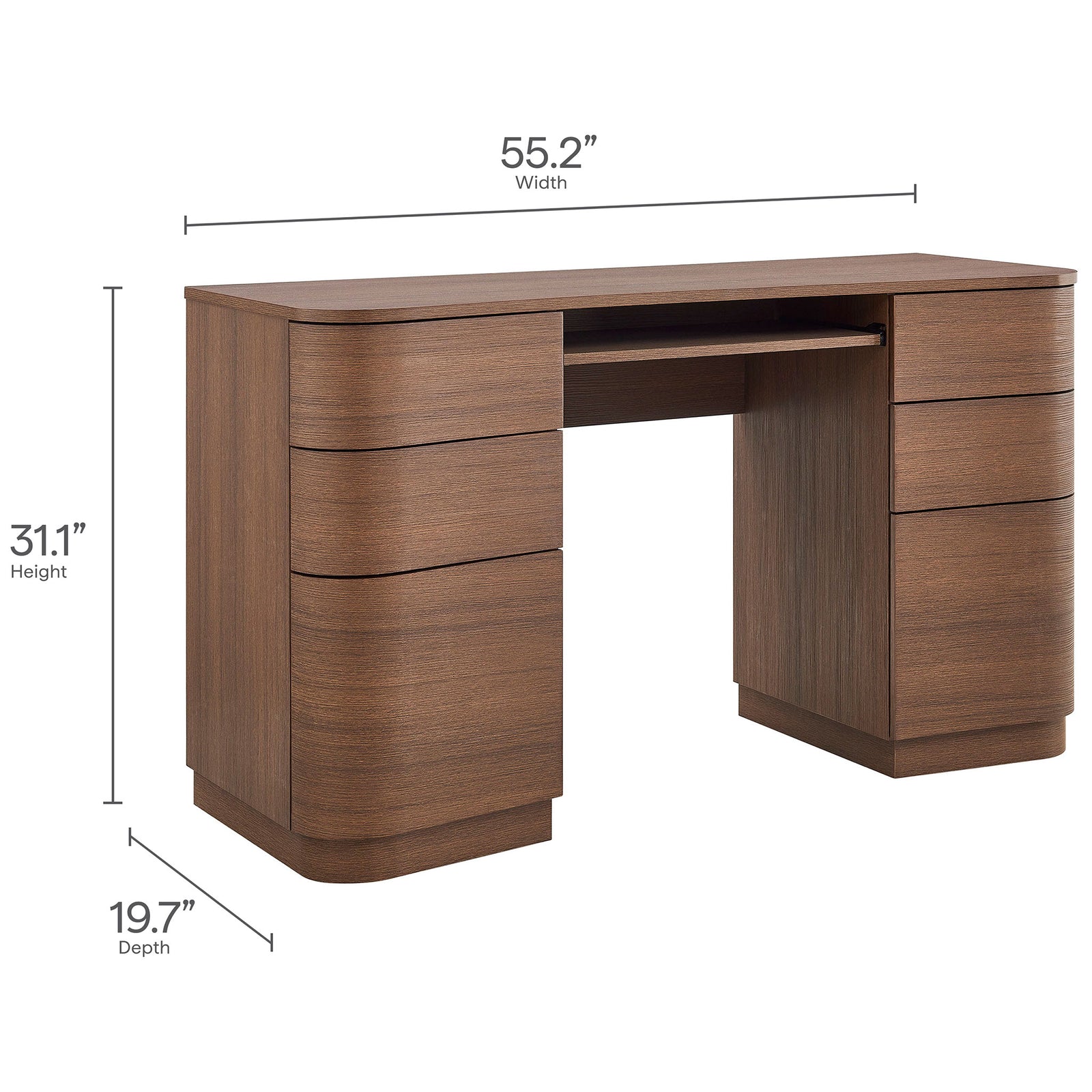 Generous 55-inch desk with rounded edges; measures 55.2 W x 19.7 D x 31.1 H. || EEI-7436-BBO || dimension_studio