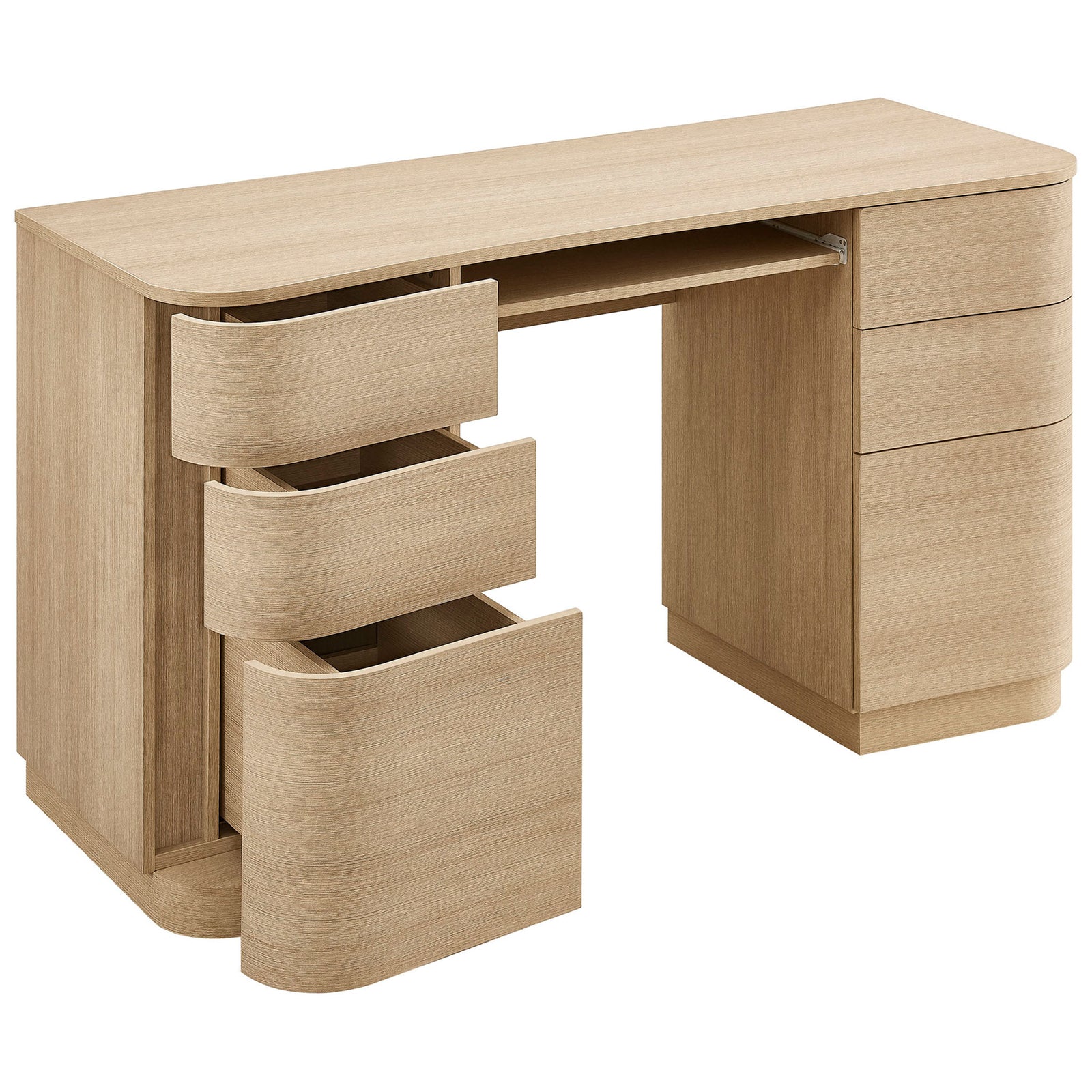 Curved drawers glide open for generous storage, with a pull-out keyboard shelf beneath the desktop. || EEI-7436-BOA || front_angle_open_studio