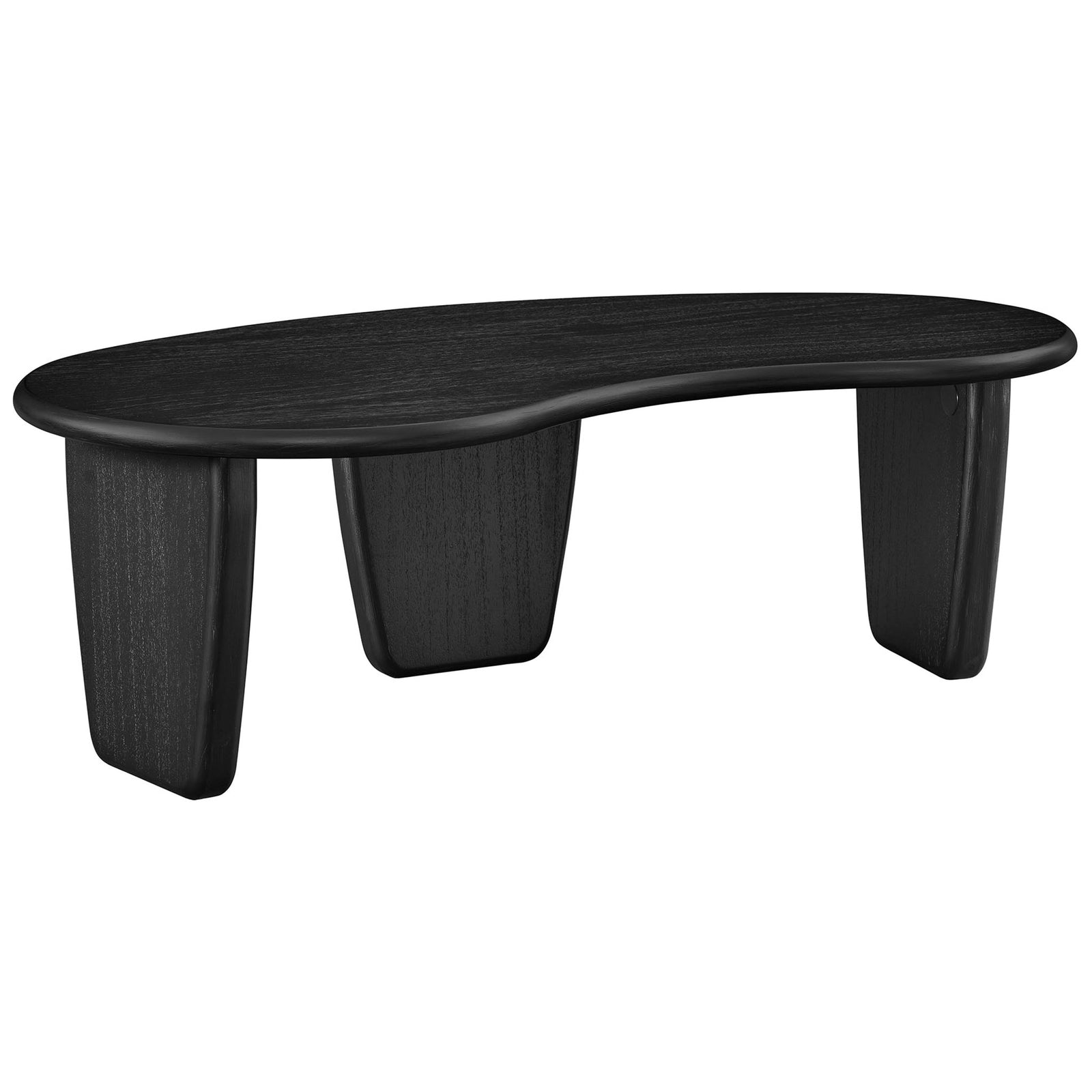 Curved kidney-shaped coffee table in black wood grain finish with three tapered legs || EEI-7437-BLK || front_angle_studio