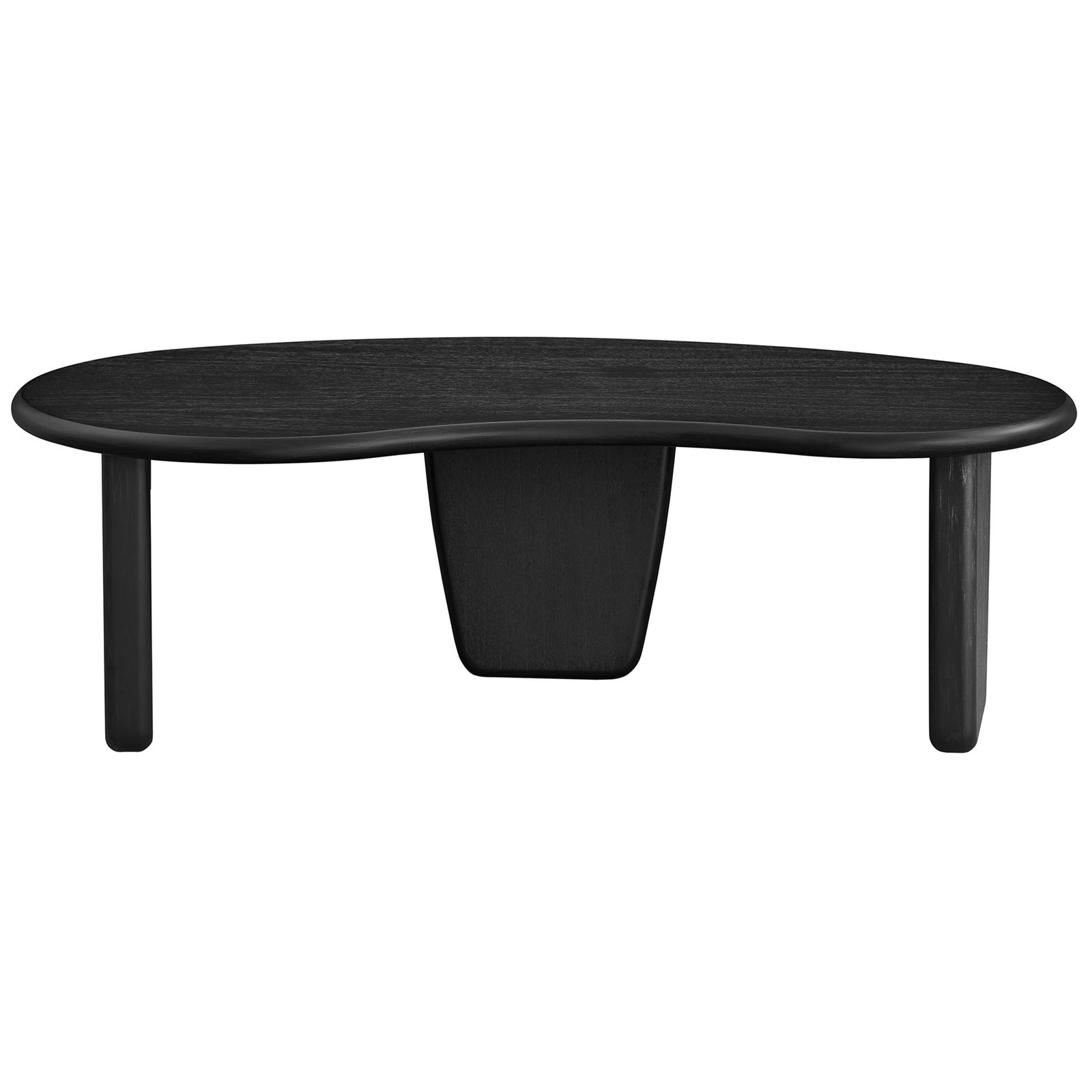 Kidney-shaped black coffee table anchored by three sculpted legs and softly rounded edges || EEI-7437-BLK || front_studio