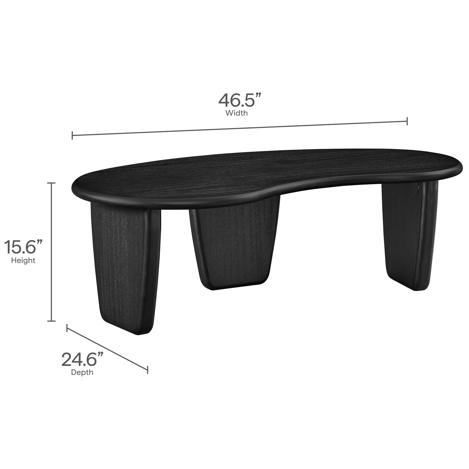 Coffee table dimensions: 46.5 in W x 24.6 in D x 15.6 in H with a three-leg base || EEI-7437-BLK || dimension_studio
