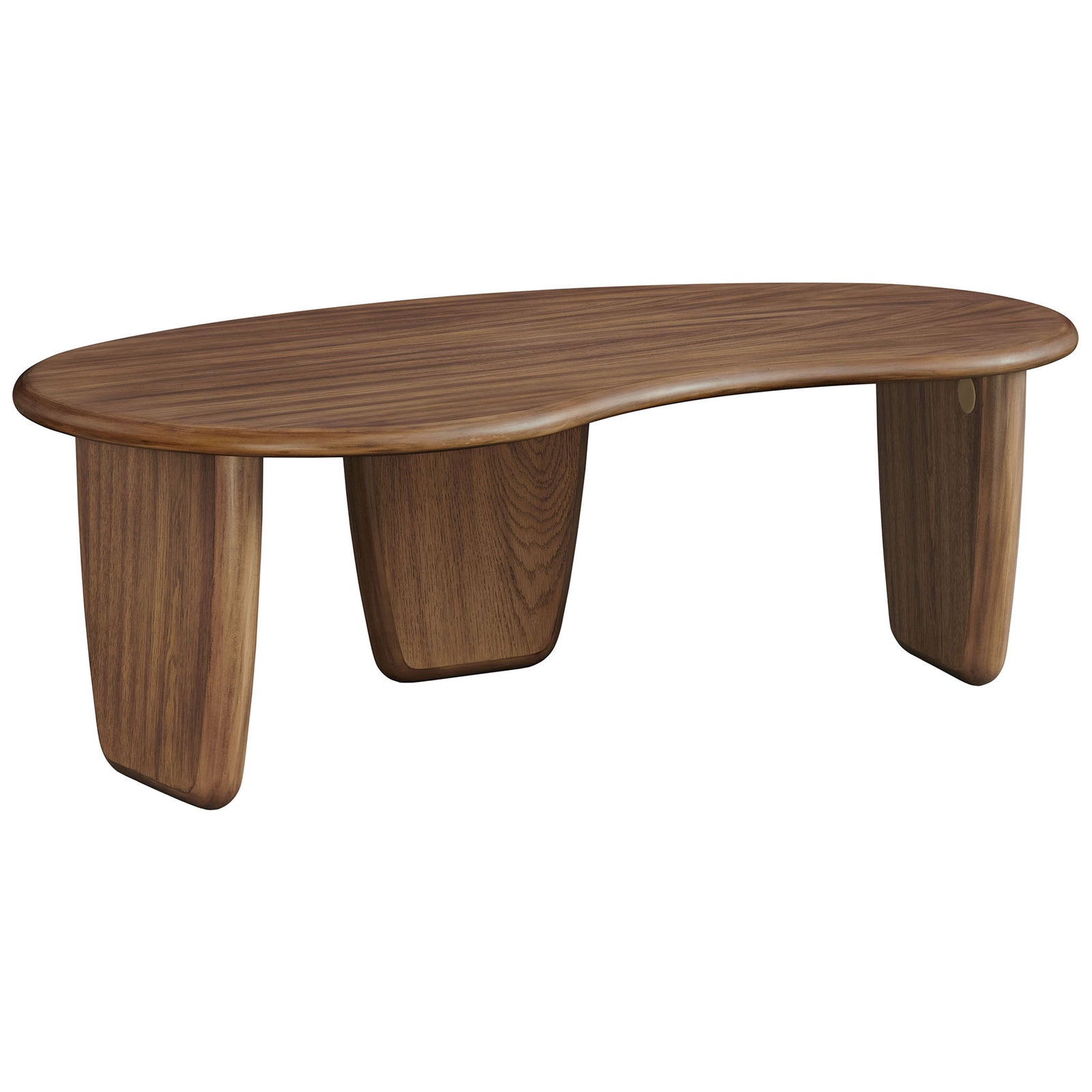 Sculptural kidney silhouette rests on three sturdy legs, showcasing a rich wood grain finish || EEI-7437-WAL || front_angle_studio