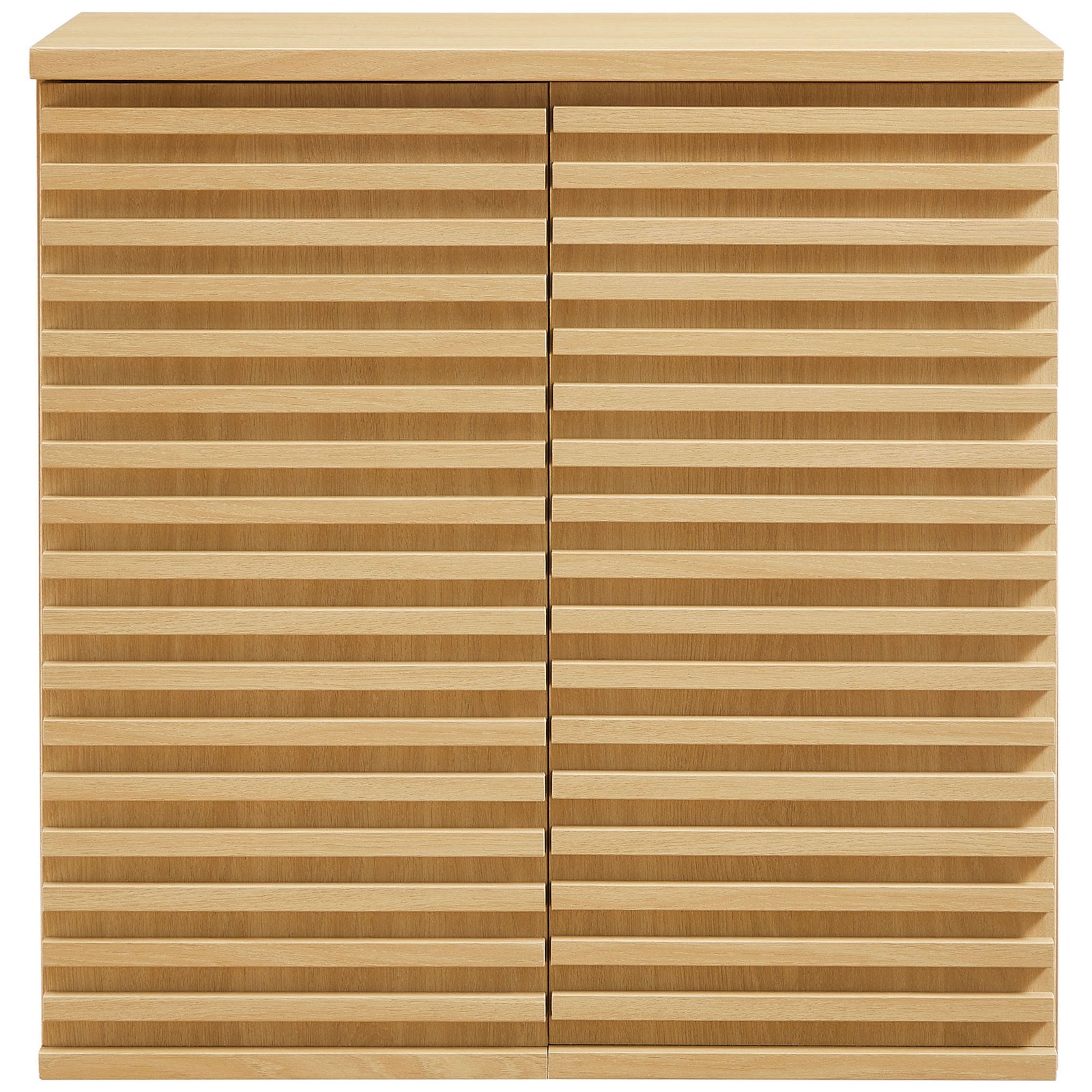 Grooved slatted double doors add rich texture to this compact oak wall cabinet || EEI-7438-OAK || front_studio