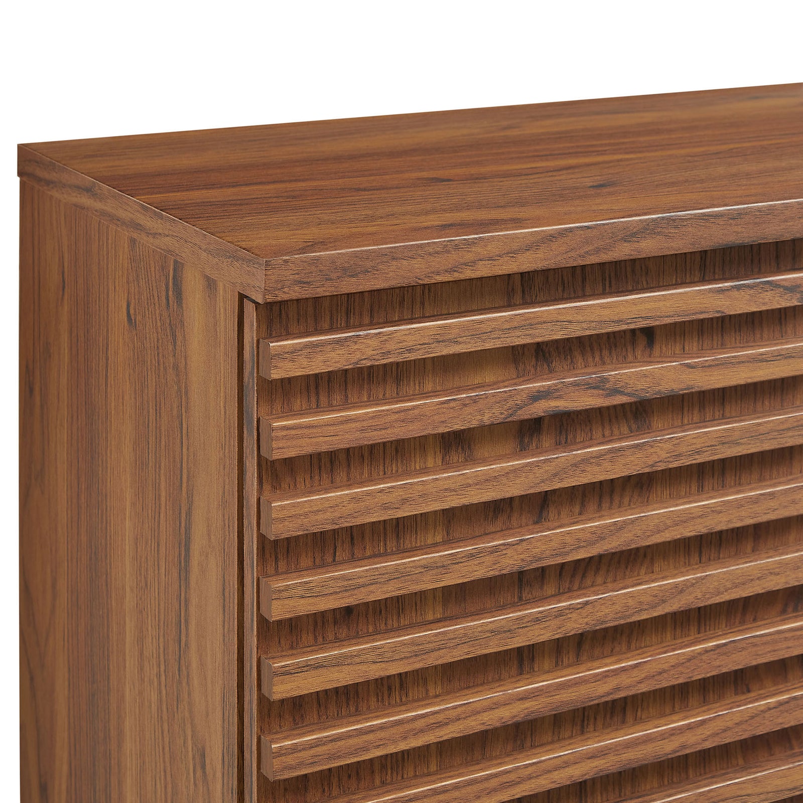 Textured slatted facade adds depth and dimension, complemented by a warm walnut finish. || EEI-7438-WAL || detail_studio