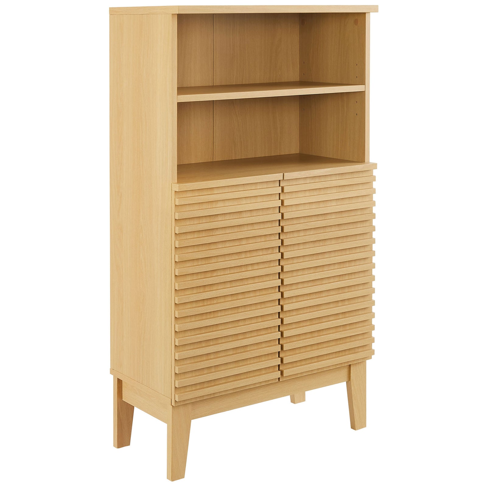 Warm oak finish and grooved slat detailing bring texture to this freestanding bathroom cabinet. || EEI-7439-OAK || front_angle_studio