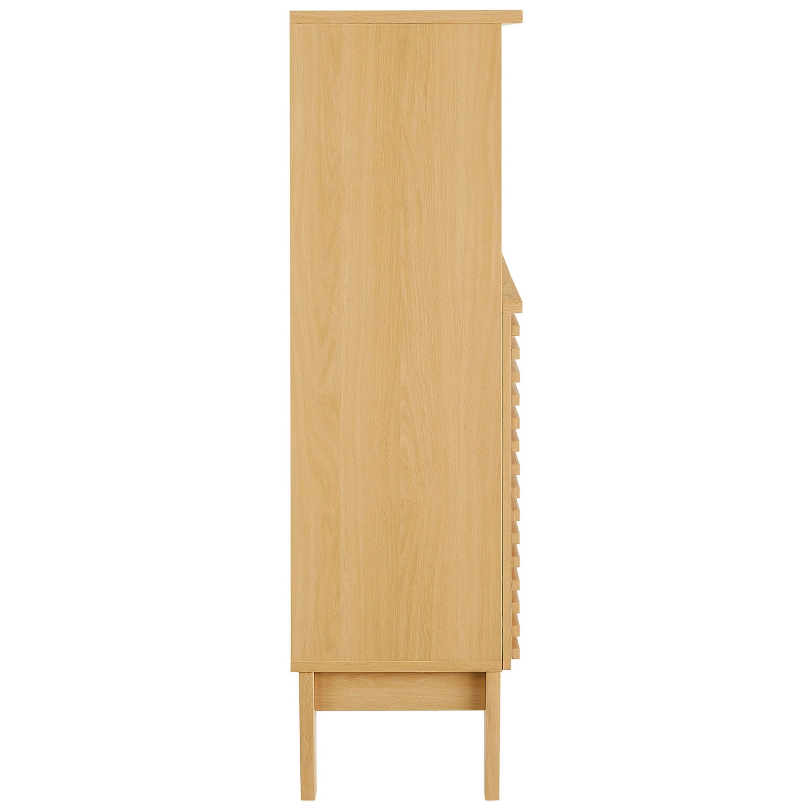 Slim profile cabinet with clean lines and a natural oak wood-look finish on tapered legs. || EEI-7439-OAK || side_studio
