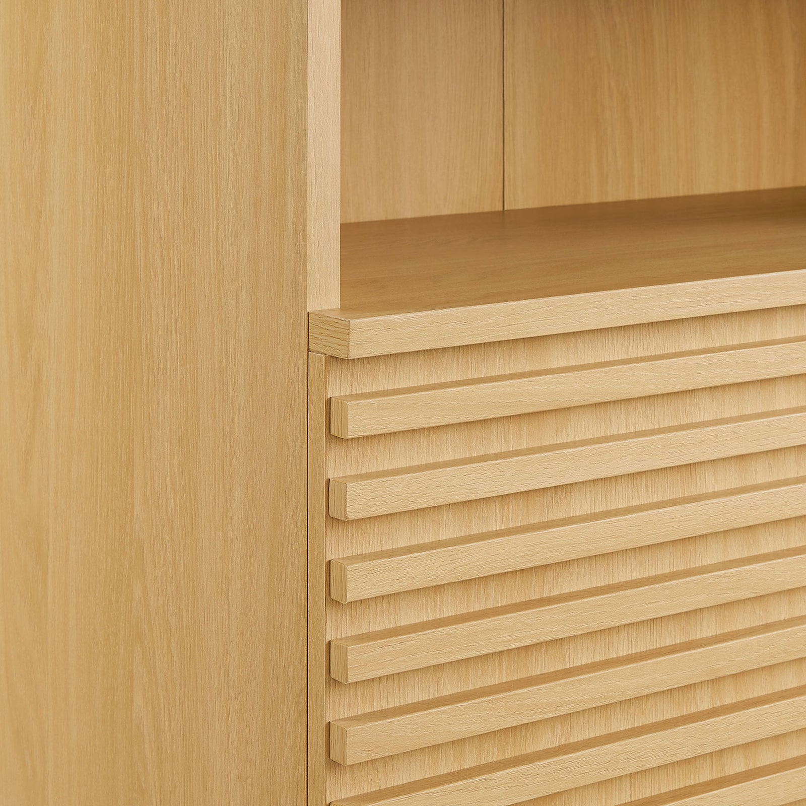 Grooved slatted door design with a smooth laminated wood-look finish. || EEI-7439-OAK || detail_studio