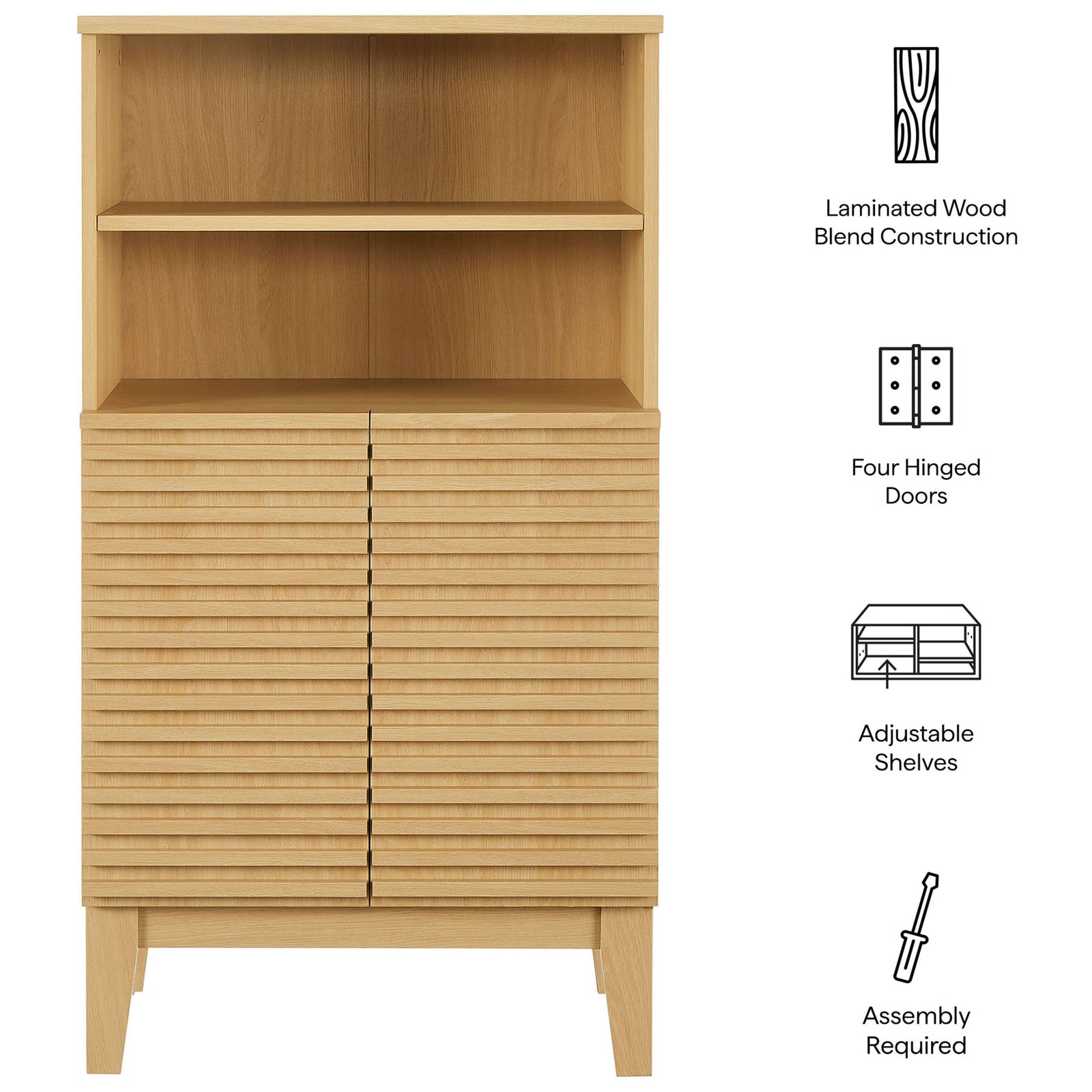 Feature highlights include laminated wood blend construction, adjustable shelves, and soft-close hinges. || EEI-7439-OAK || callout_studio