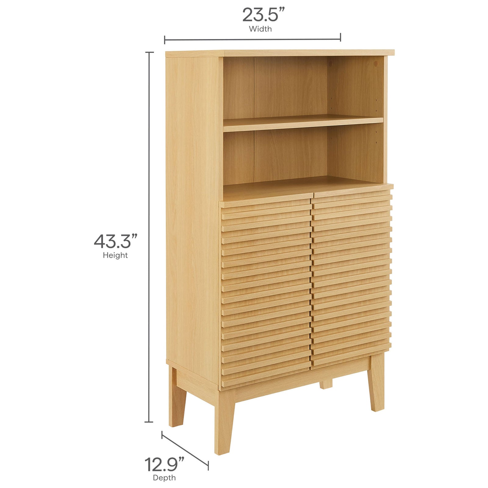 Dimensions displayed for easy planning: 23.5 in W x 12.9 in D x 43.3 in H. || EEI-7439-OAK || dimension_studio