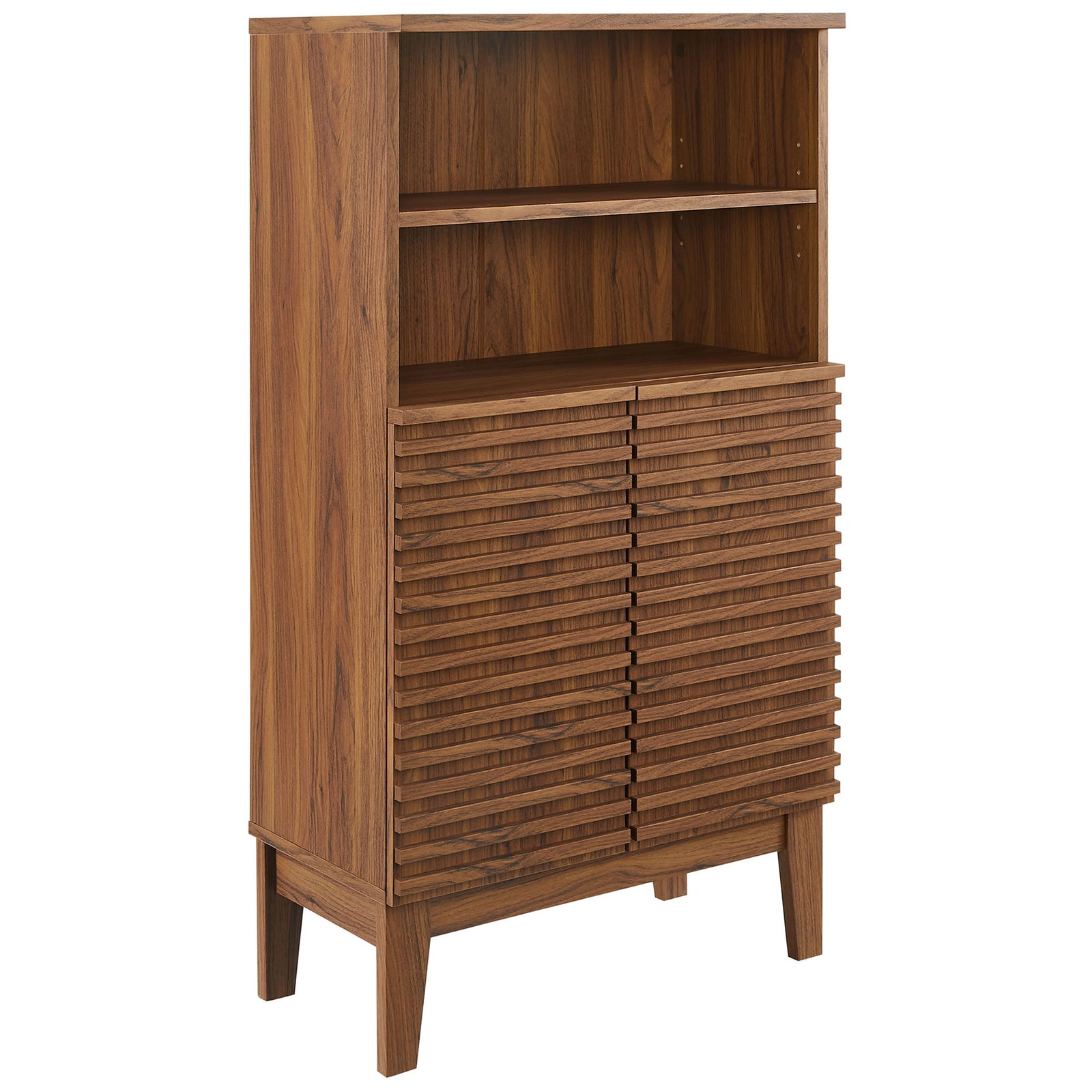 Walnut wood-look cabinet with slatted double doors, open shelves, and tapered legs for modern bath storage || EEI-7439-WAL || front_angle_studio