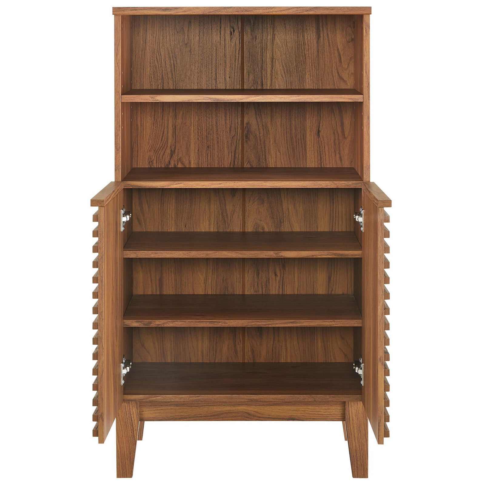 Spacious interior shelving behind slatted doors with open cubbies above for neatly organized essentials || EEI-7439-WAL || front_open_studio
