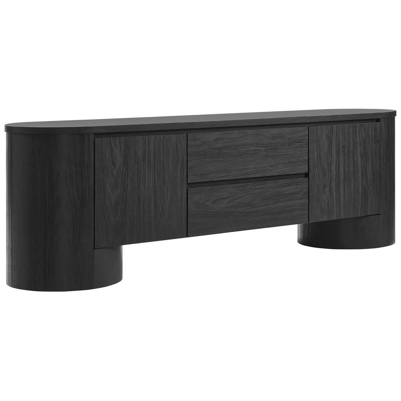 Black oval TV cabinet showcasing smooth curved silhouette and spacious drawer and door storage || EEI-7440-BLK || front_angle_studio