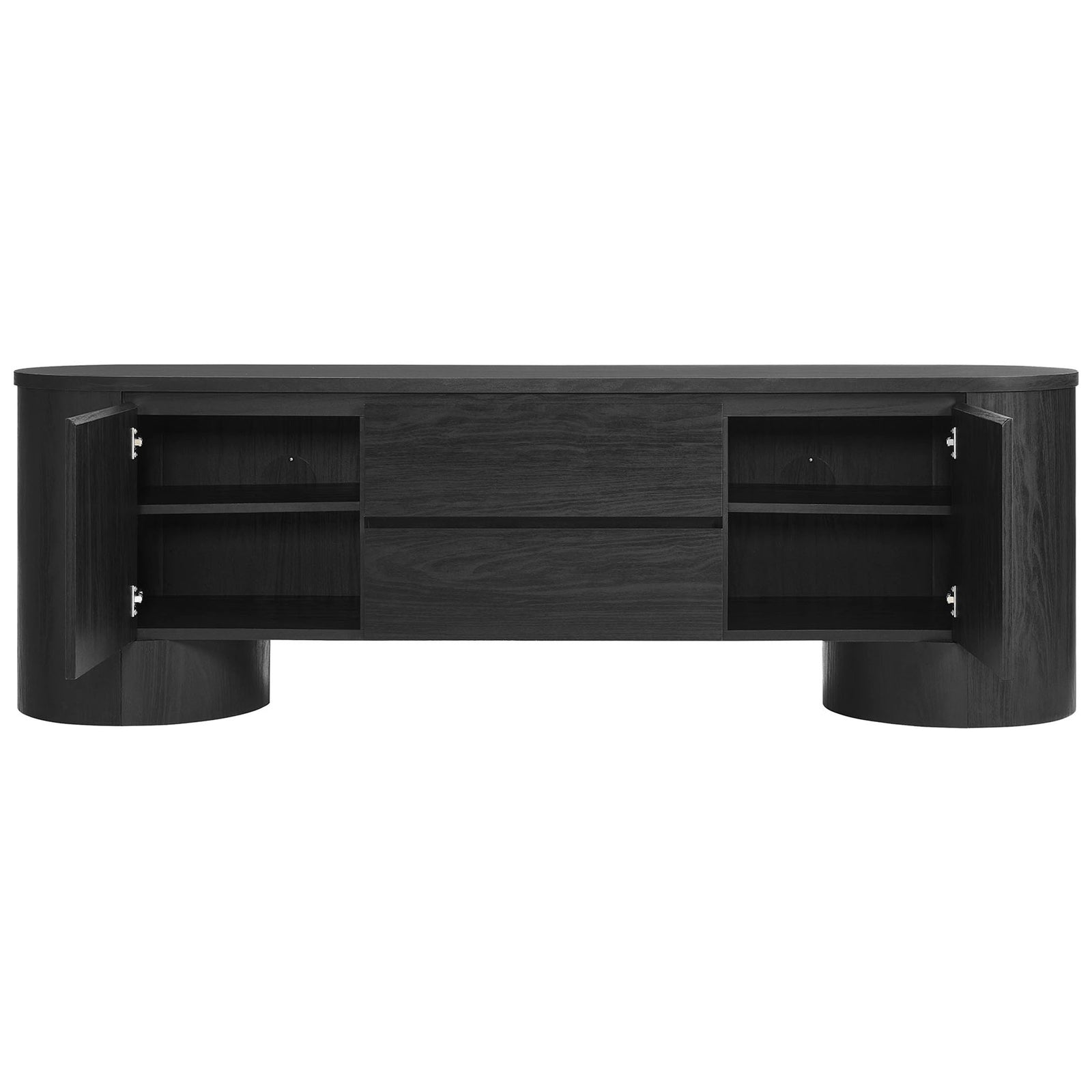 Black TV cabinet with side cupboards open to reveal adjustable shelving and generous concealed storage || EEI-7440-BLK || front_open_studio