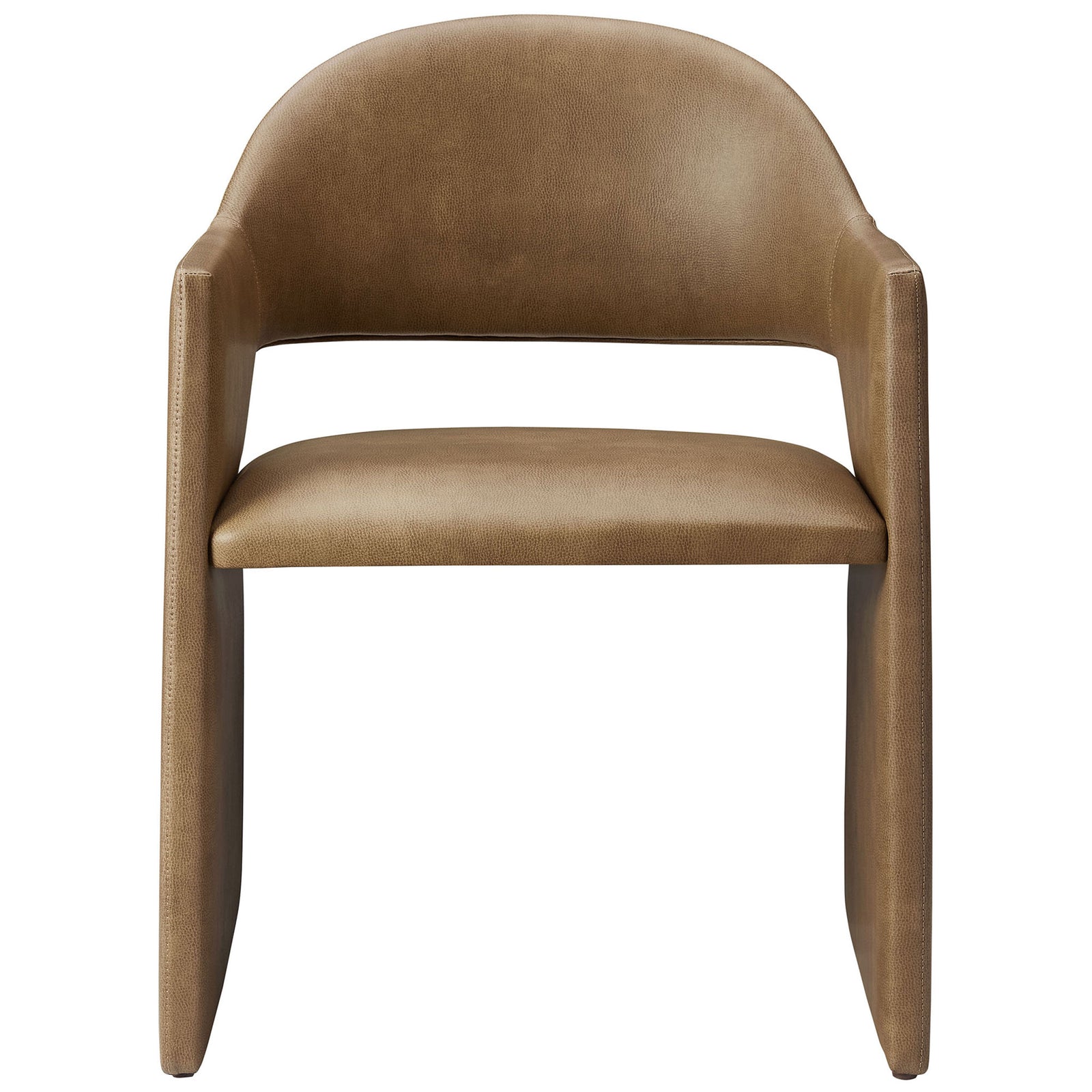 Curved toast vegan leather dining armchair with sculptural barrel back and wide angular arms || EEI-7442-TST || front_studio