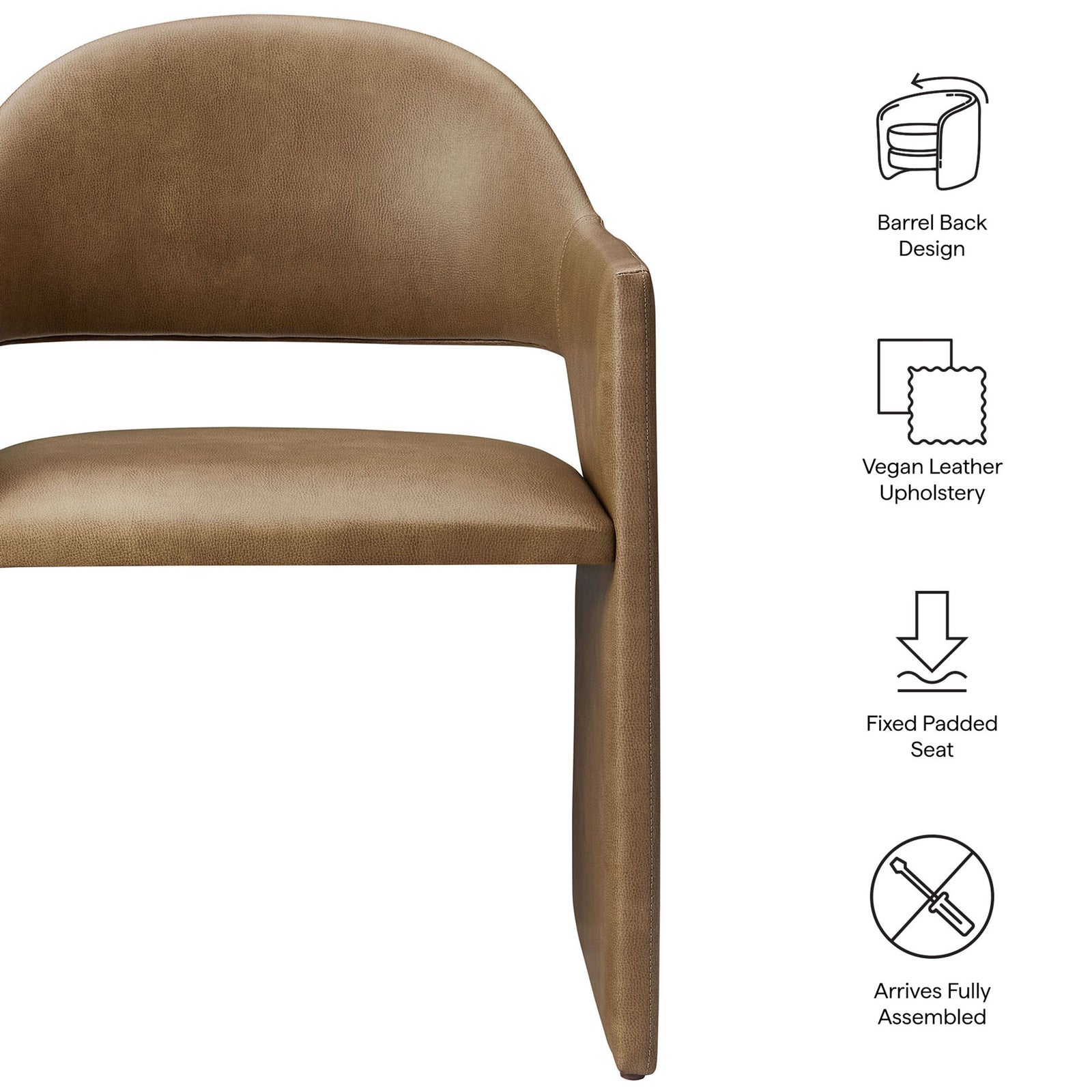 Feature highlights of toast vegan leather dining armchair including barrel back design and fixed padded seat || EEI-7442-TST || callout_studio