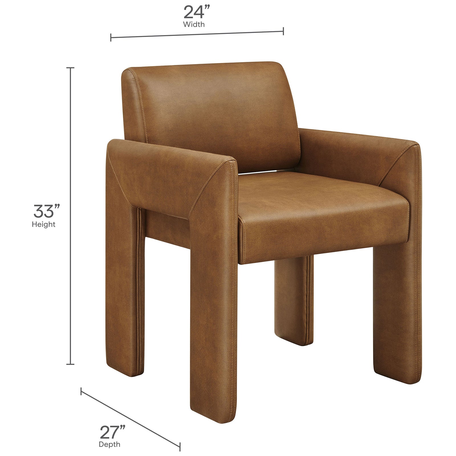 Canyon vegan leather dining armchair with dimensions 24 in width, 27 in depth, and 33 in height displayed || EEI-7443-CAN || dimension_studio