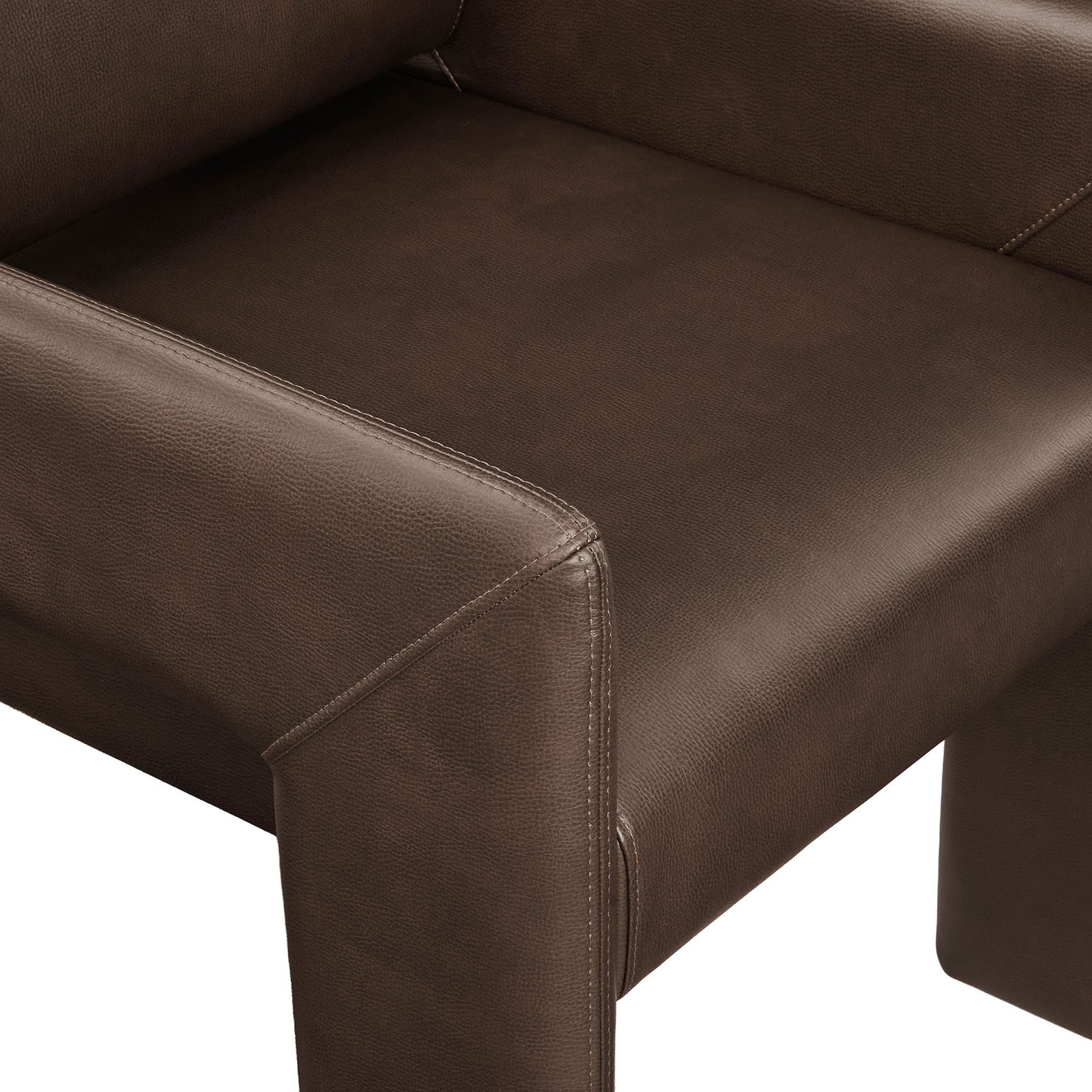 Cushioned seat and arm of espresso vegan leather armchair with subtle texture and neat seam detailing. || EEI-7443-ESP || detail_studio
