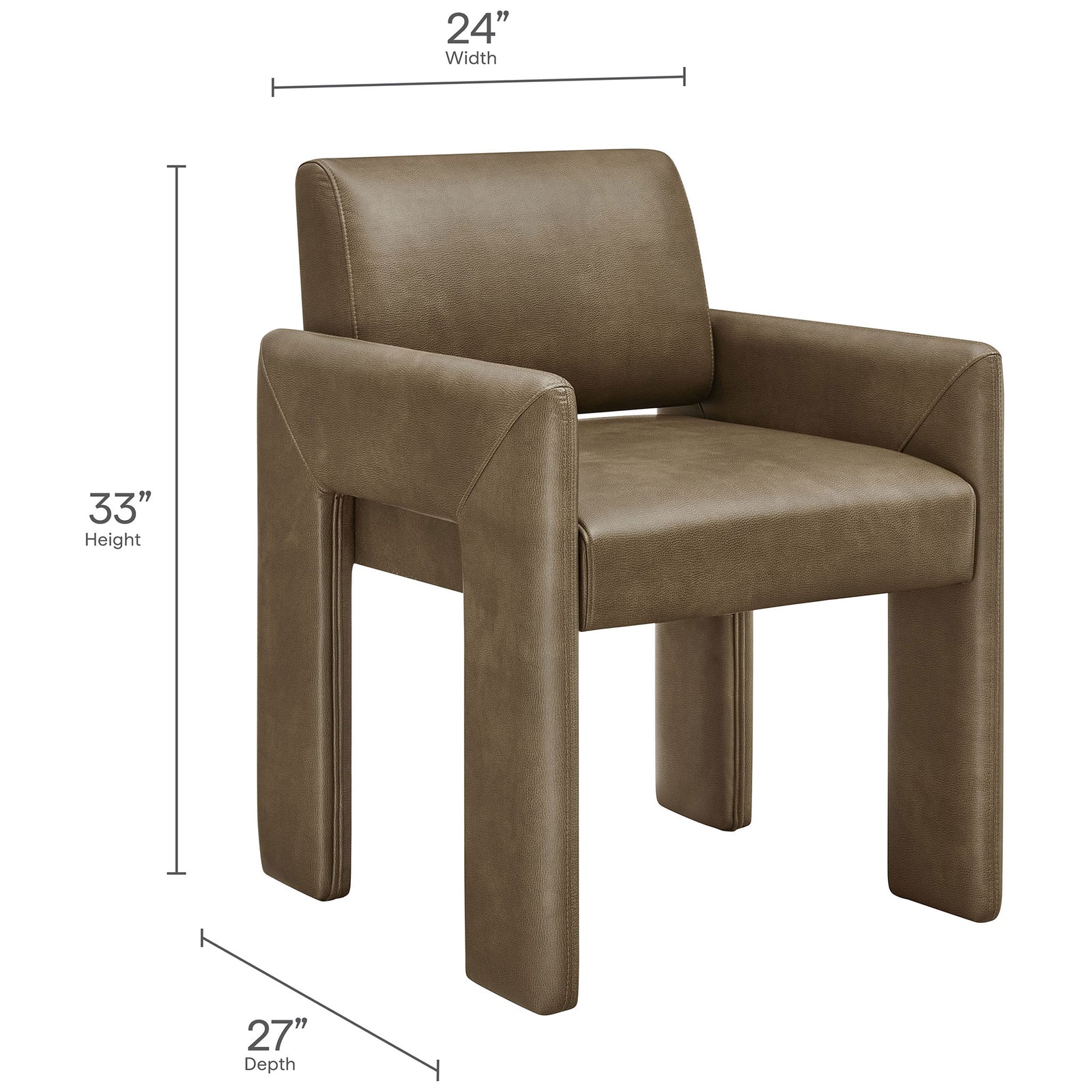Dimensions of Daven mushroom vegan leather dining armchair with generous 27 by 24 inch footprint || EEI-7443-MUS || dimension_studio