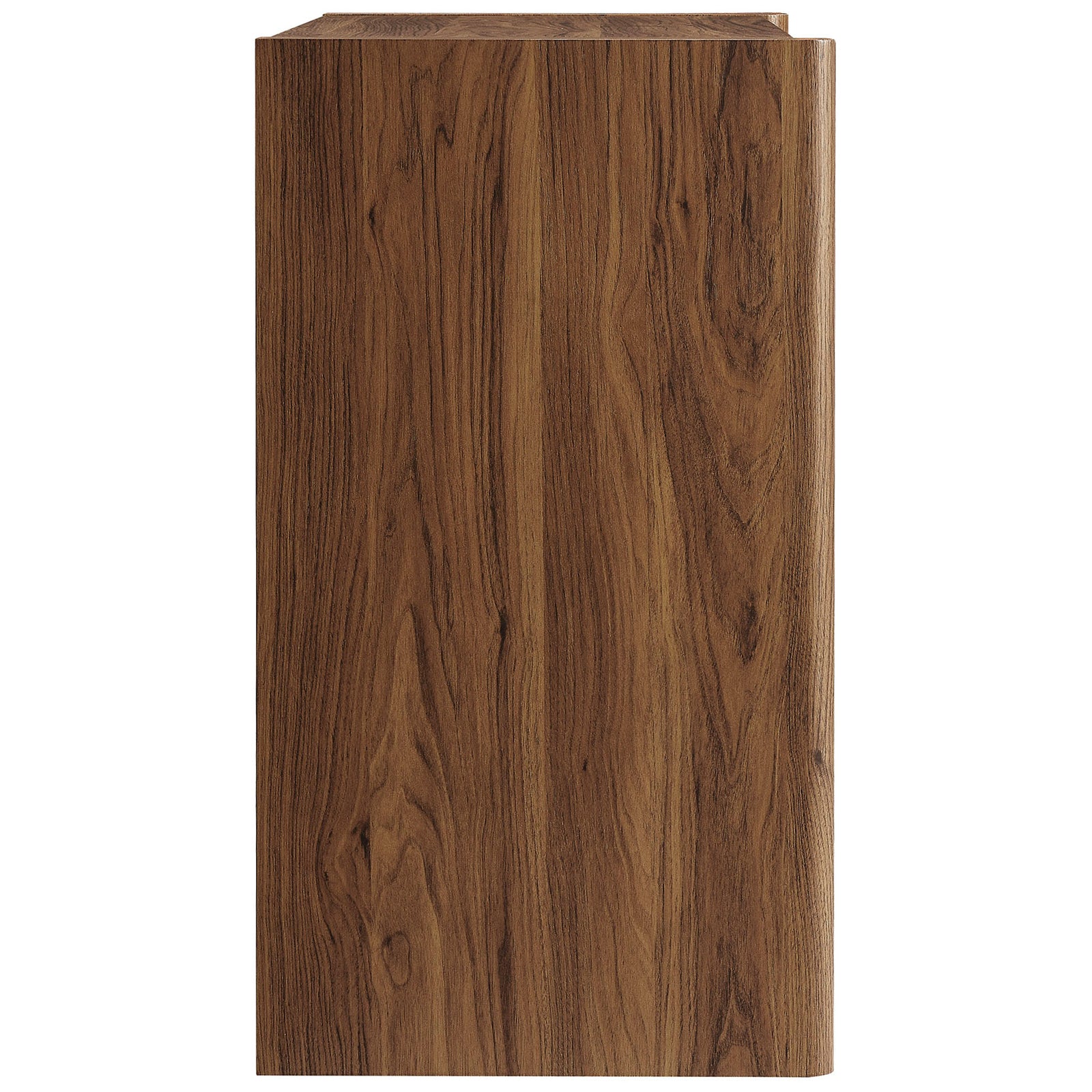 Thick waterfall-style side panels showcase continuous walnut wood grain and sturdy base. || EEI-7444-WAL || side_studio