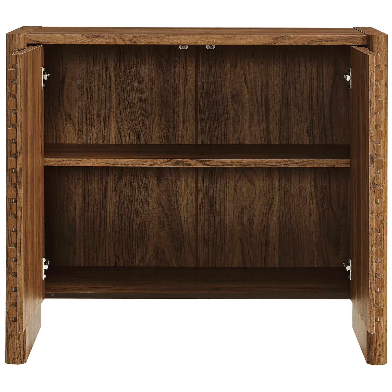 Cabinet doors open to reveal spacious walnut interior with adjustable shelf storage. || EEI-7444-WAL || front_open_studio