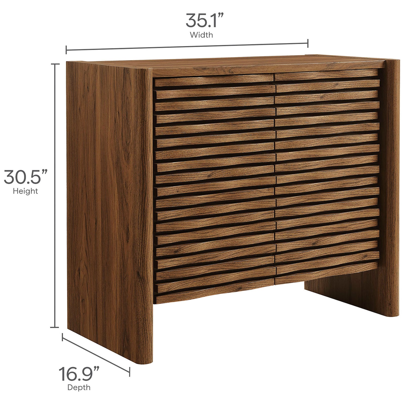 Dimension graphic shows the compact cabinet at 35.1 in wide, 16.9 in deep, and 30.5 in high. || EEI-7444-WAL || dimension_studio