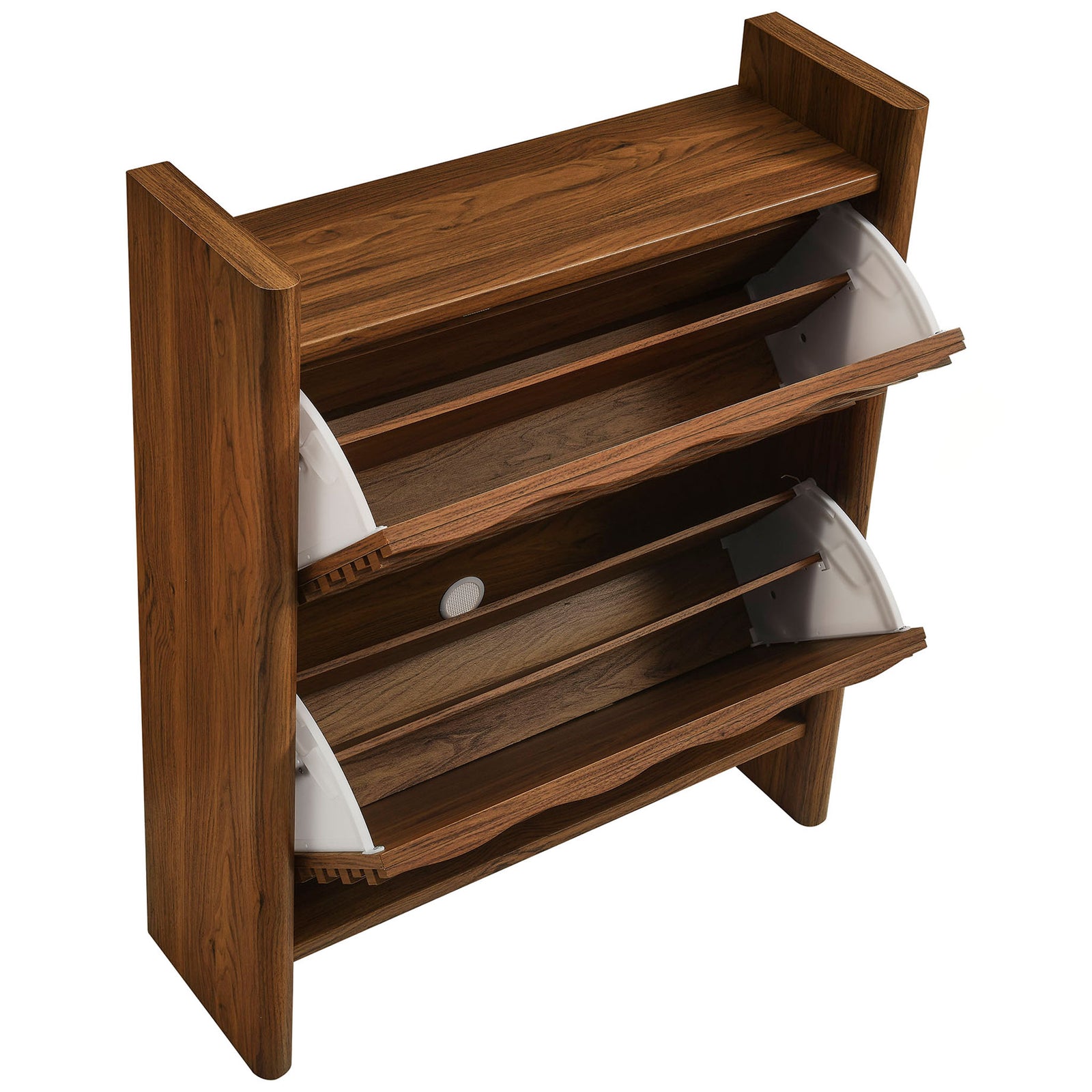 Flip down shoe compartments with adjustable dividers and a round ventilation opening at the back || EEI-7447-WAL || top_angle_open_studio