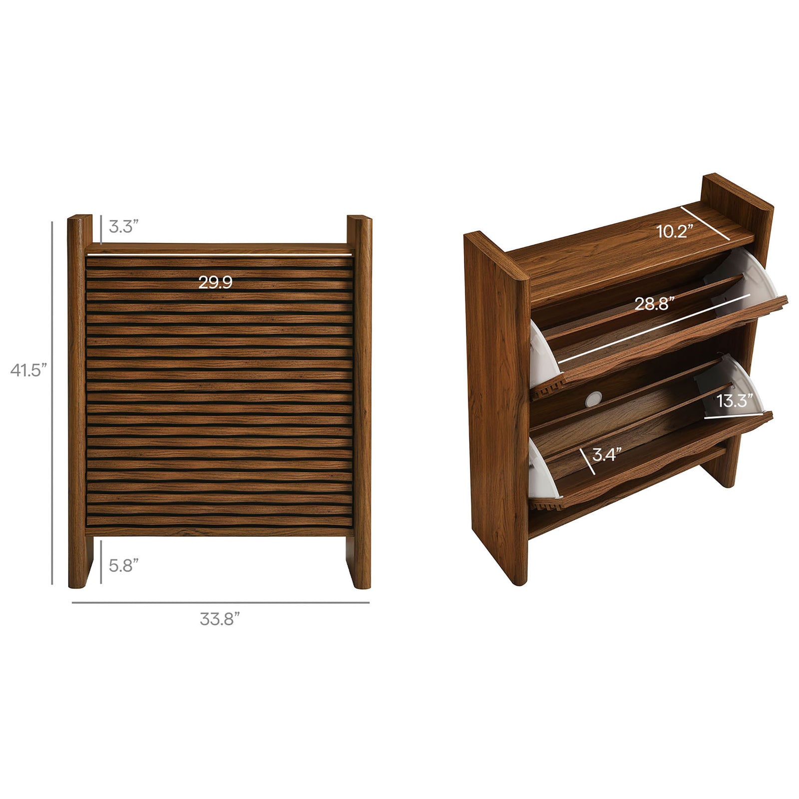 Dimension overview showing cabinet height, width, depth, and interior measurements for shoe storage || EEI-7447-WAL || dimension_studio