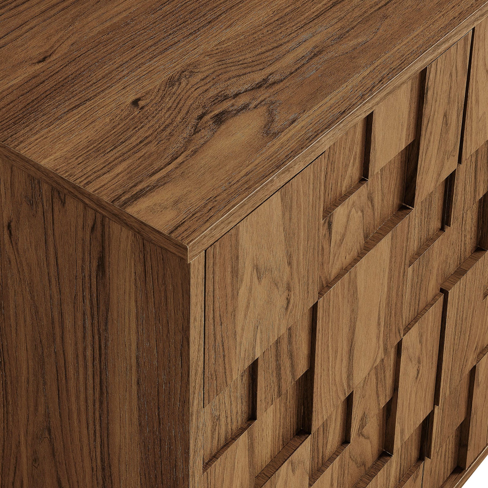 Walnut wood grain and dimensional mosaic door pattern on the Owen sideboard face || EEI-7448-WAL || swatch_studio