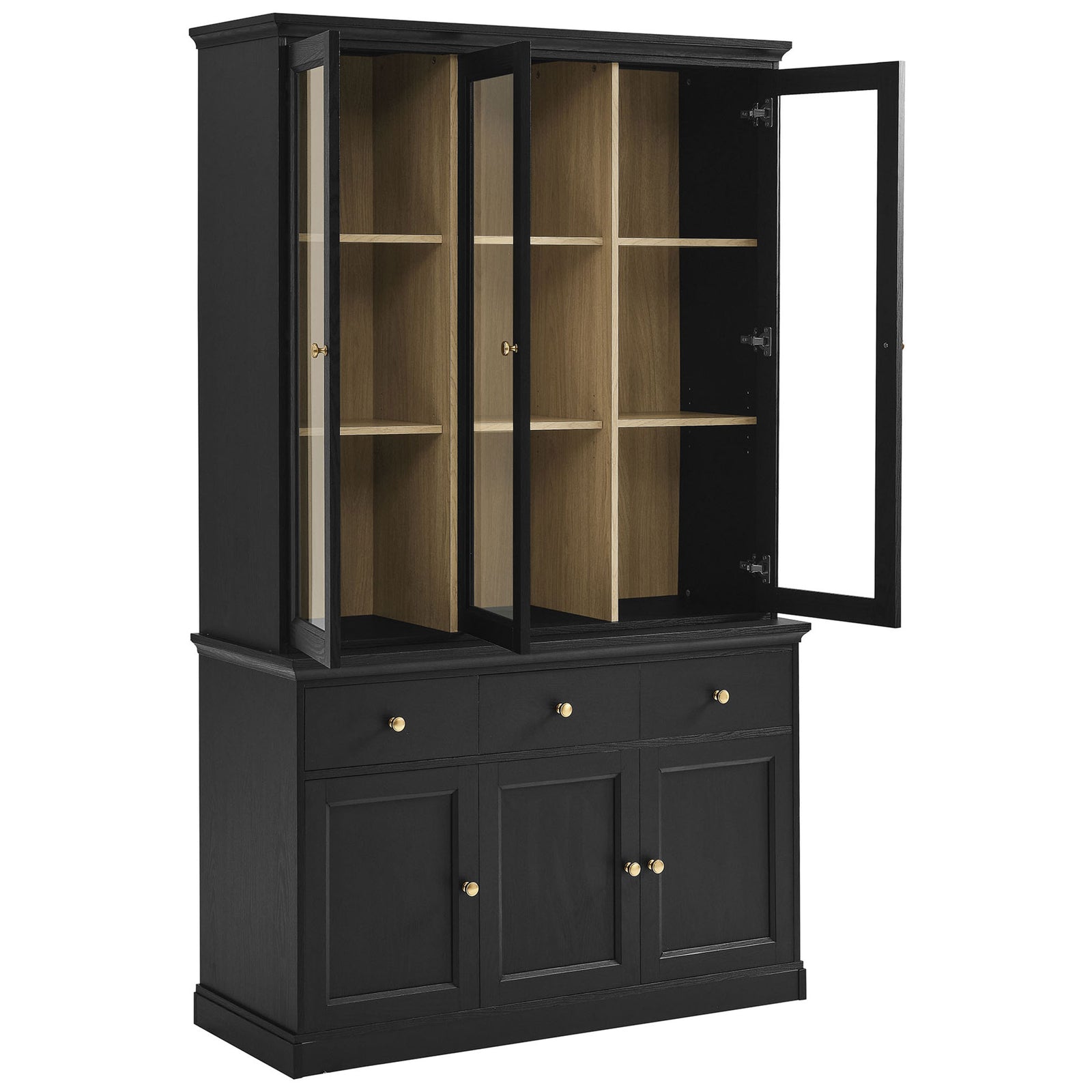Amara cabinet with upper glass doors open to reveal adjustable wood grain shelves for display || EEI-7449-BLK-OAK || front_angle_open_studio