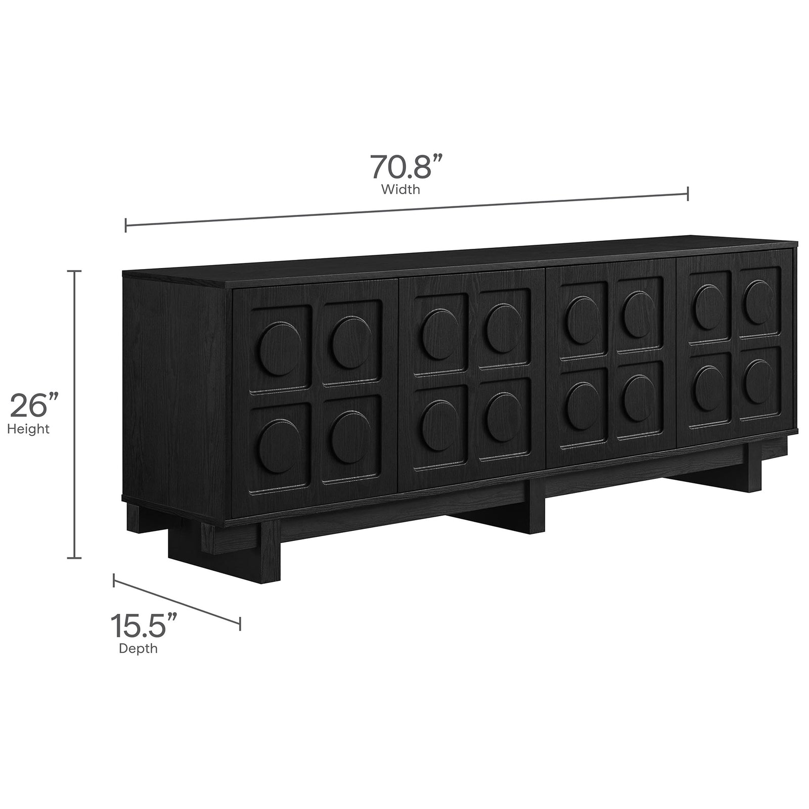 Dimension diagram of black Knox TV stand showing 70.8 inch width, 26 inch height, and 15.5 inch depth || EEI-7450-BLK || dimension_studio