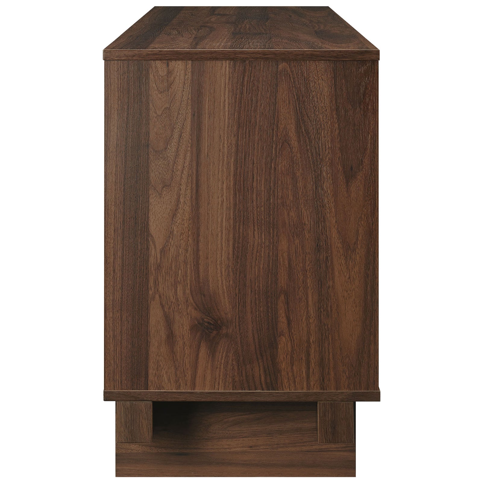 Walnut Knox TV stand showcasing natural wood pattern and solid block base || EEI-7450-WAL || side_studio