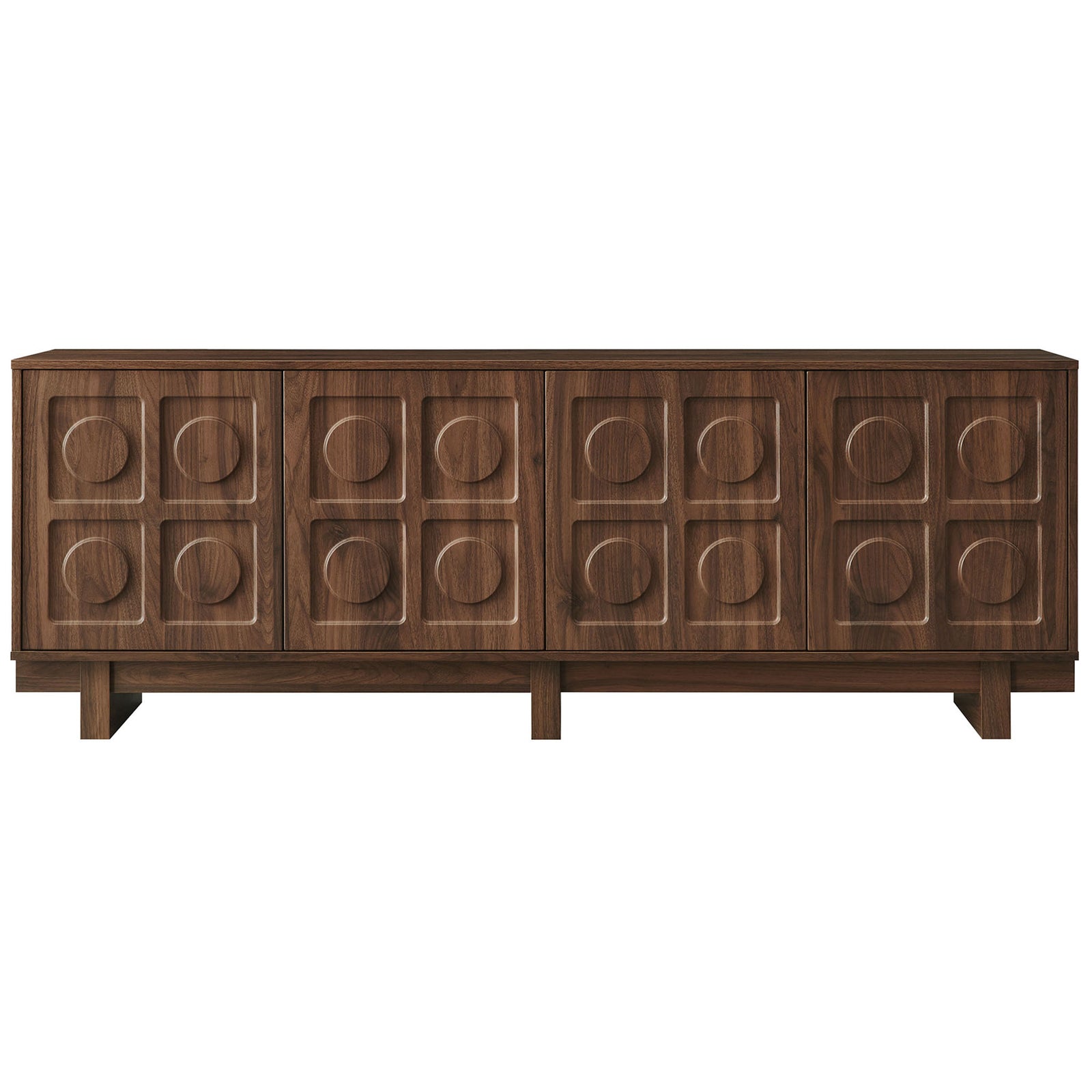Walnut Knox TV stand with four textured circle front cabinets for mid century style || EEI-7450-WAL || front_studio