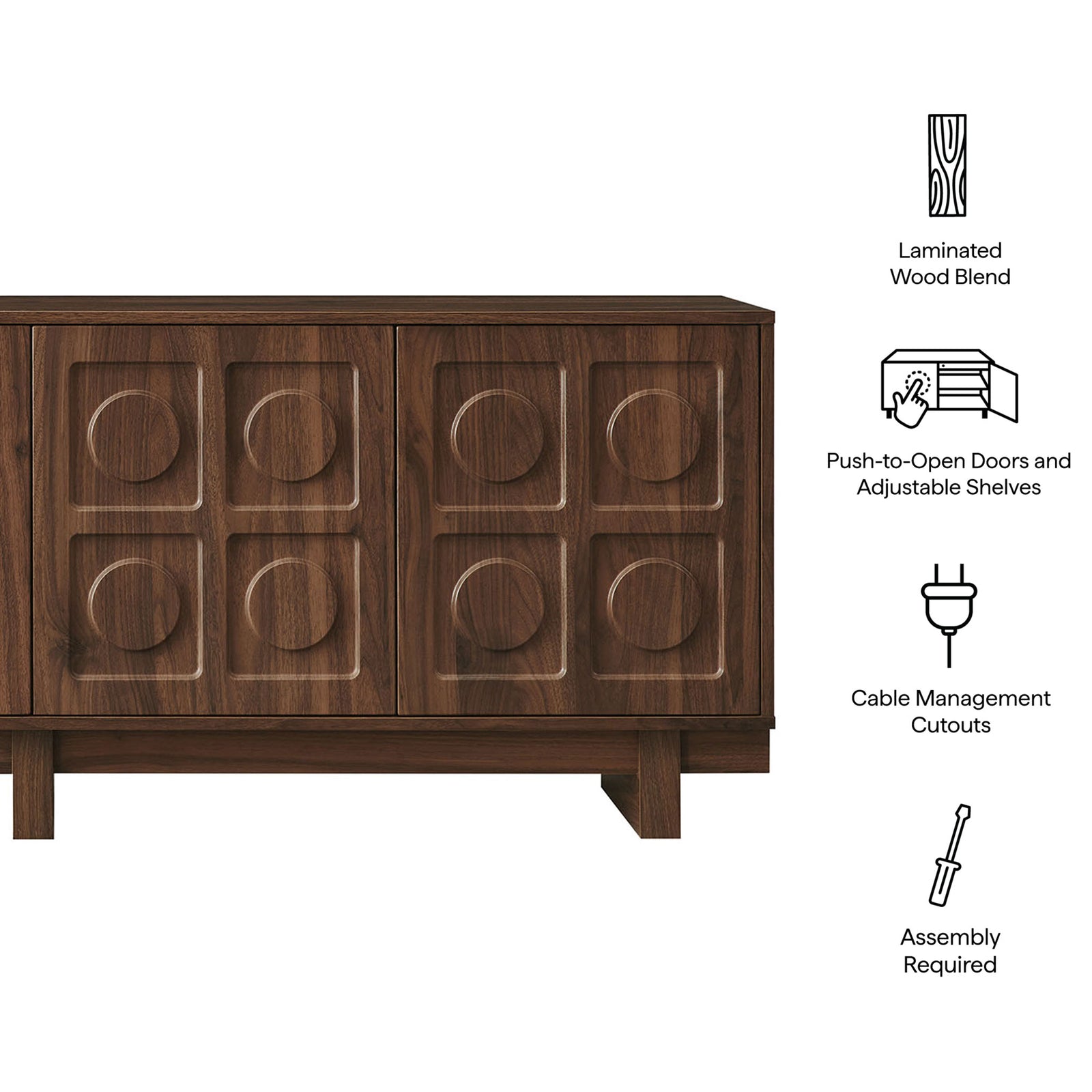 Feature icons beside walnut Knox TV stand highlighting laminated wood, push to open doors, and cable cutouts || EEI-7450-WAL || callout_studio