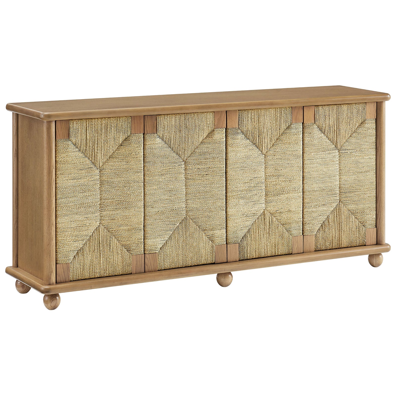 Modern oak sideboard featuring geometric woven seagrass door panels and playful ball feet || EEI-7451-OAK || front_angle_studio