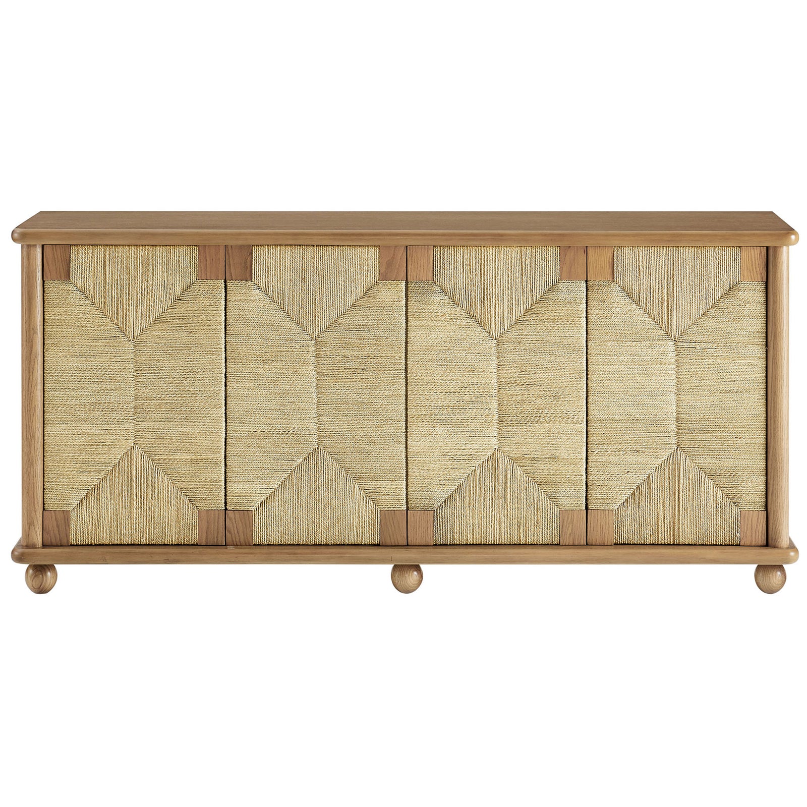 Oak wood sideboard with woven seagrass doors and rounded ball feet for warm, textural living room storage || EEI-7451-OAK || front_studio