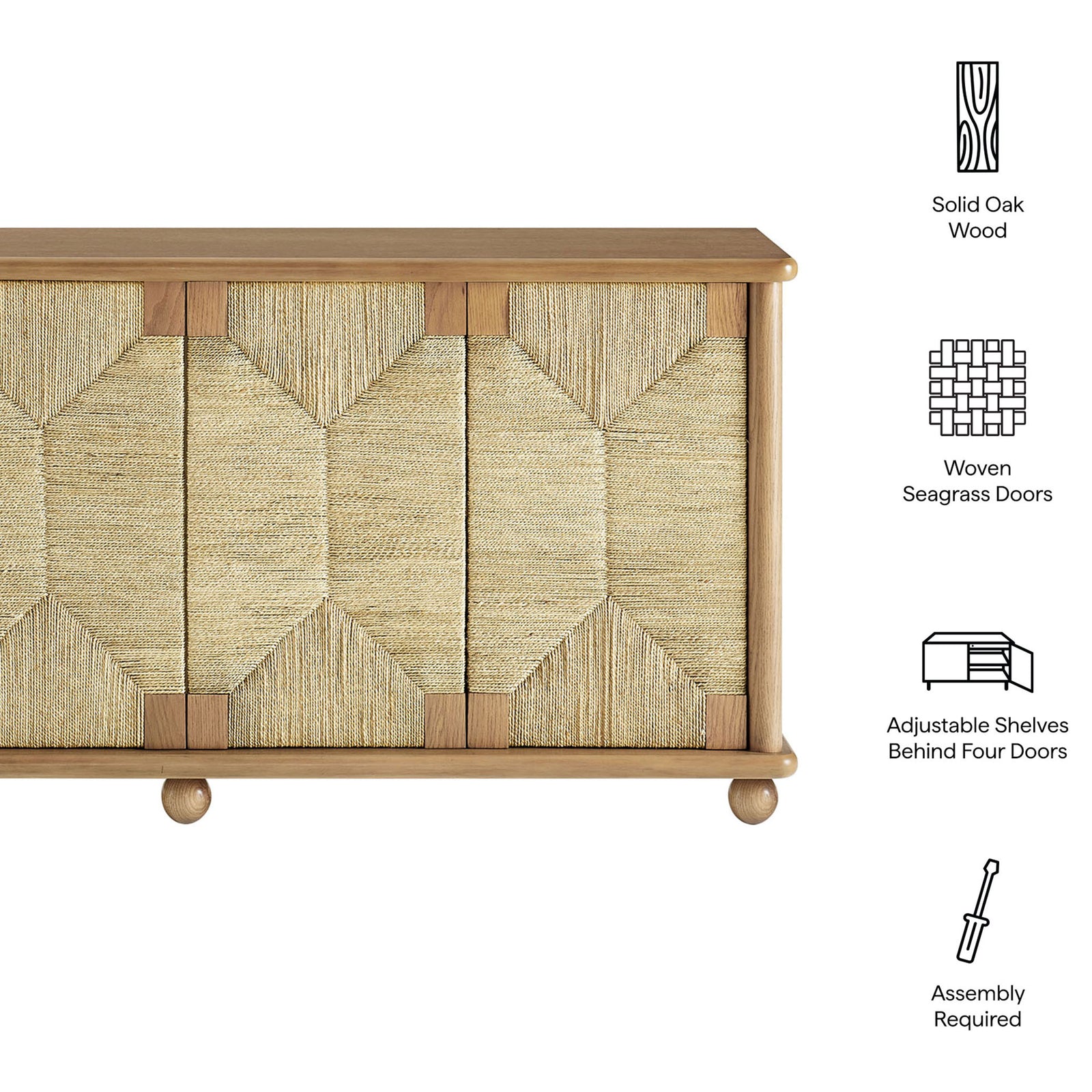 Design highlights show solid oak wood frame, woven seagrass doors, and adjustable interior shelves || EEI-7451-OAK || callout_studio